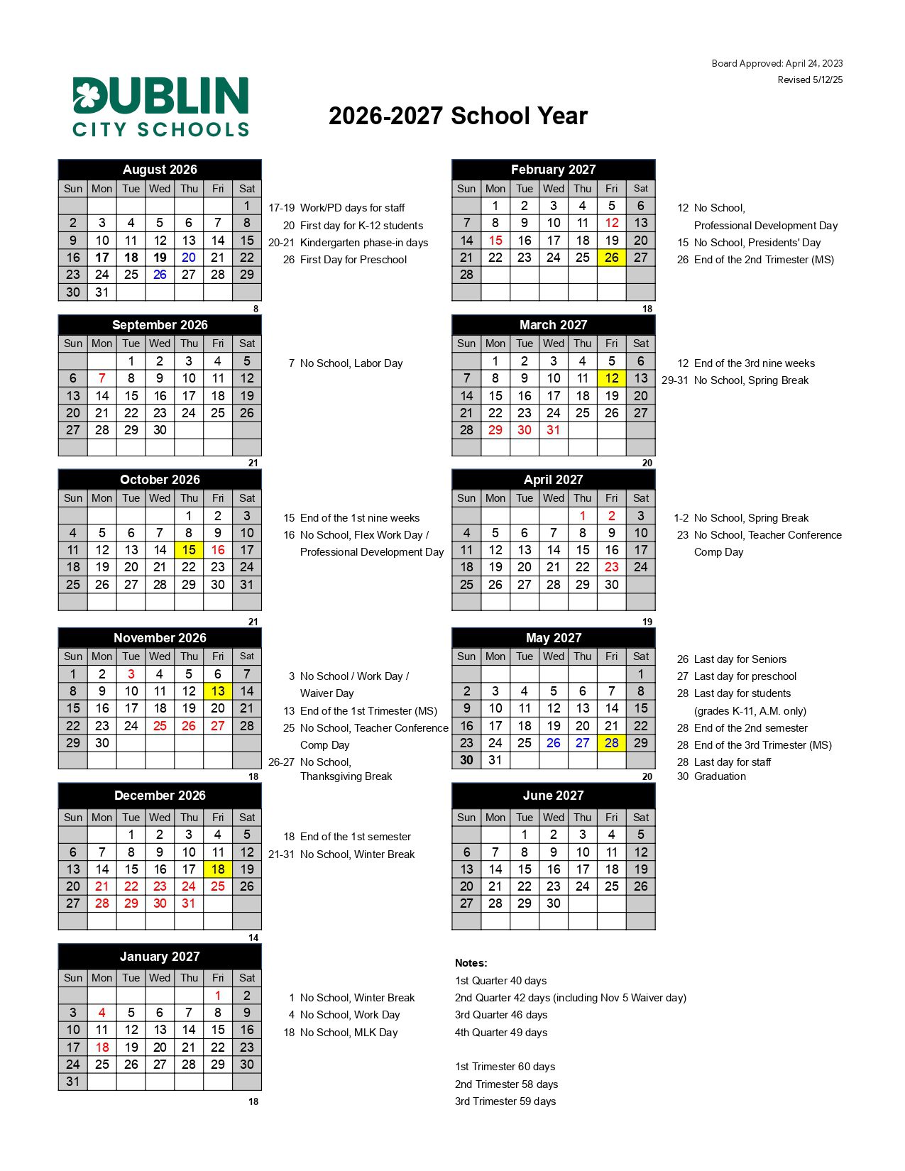 Dublin City Schools OH Calendar 26-27 Updates