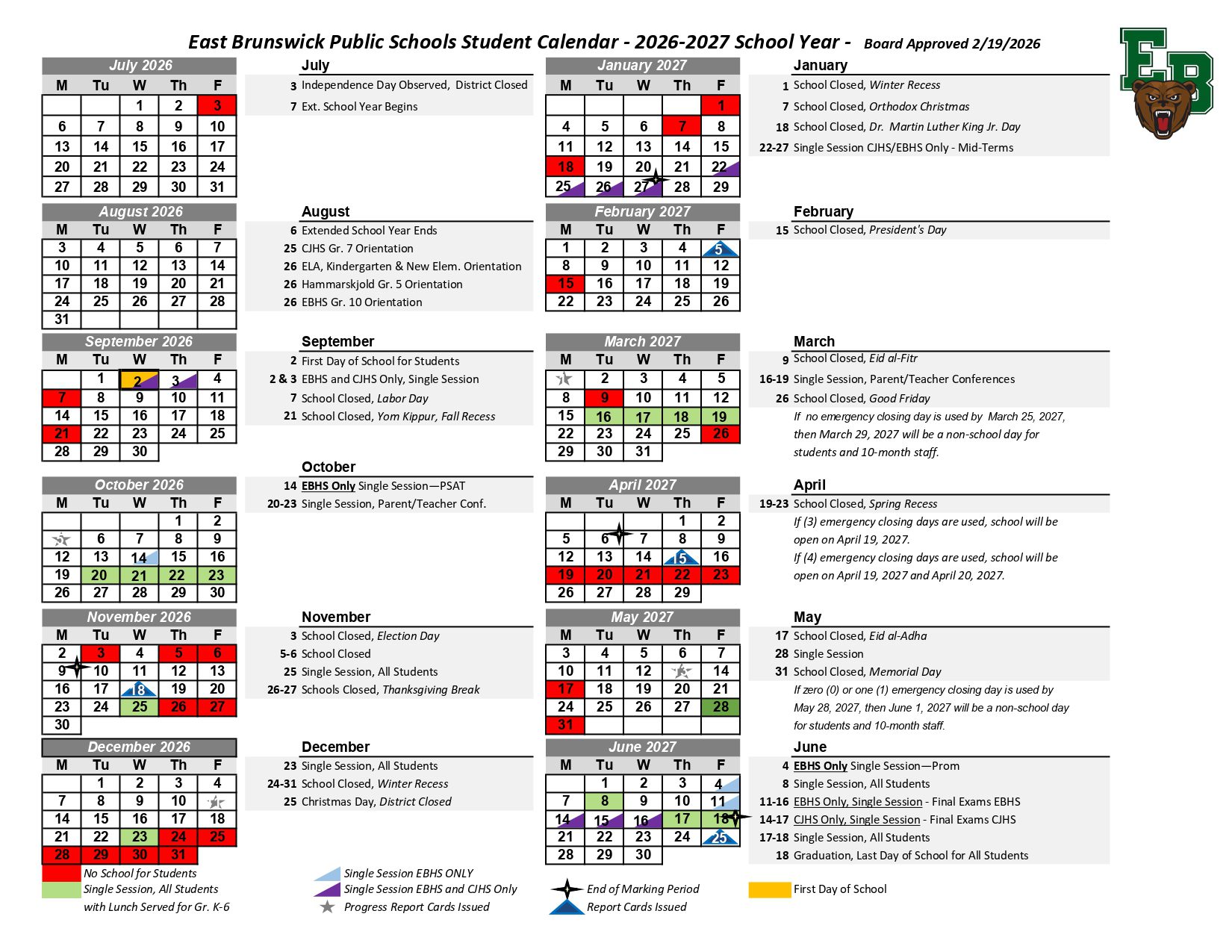 East Brunswick Public Schools  26-27   Calendar [PDF]