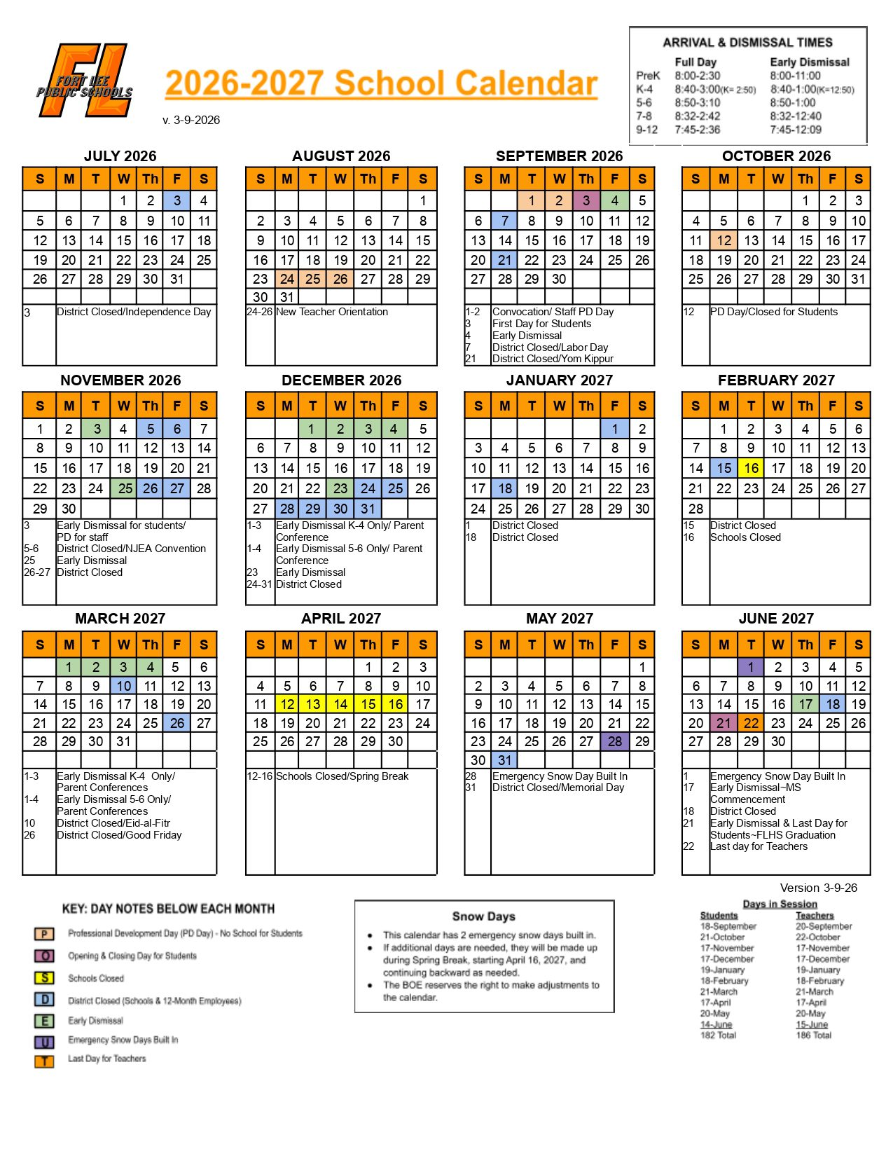 FORT LEE PUBLIC SCHOOLS  26-27 Calendar