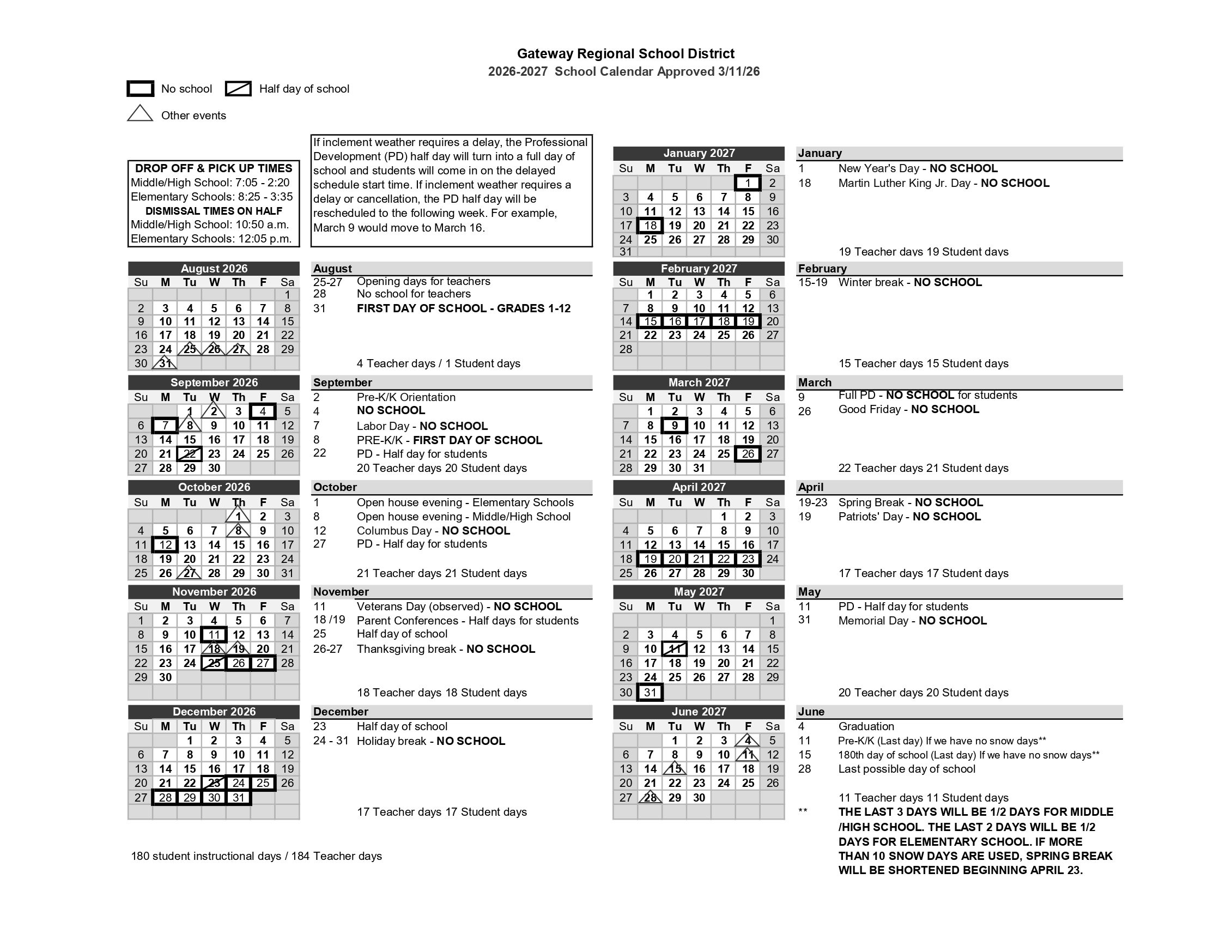 Gateway Regional School District District MA Calendar 26-27 PDF