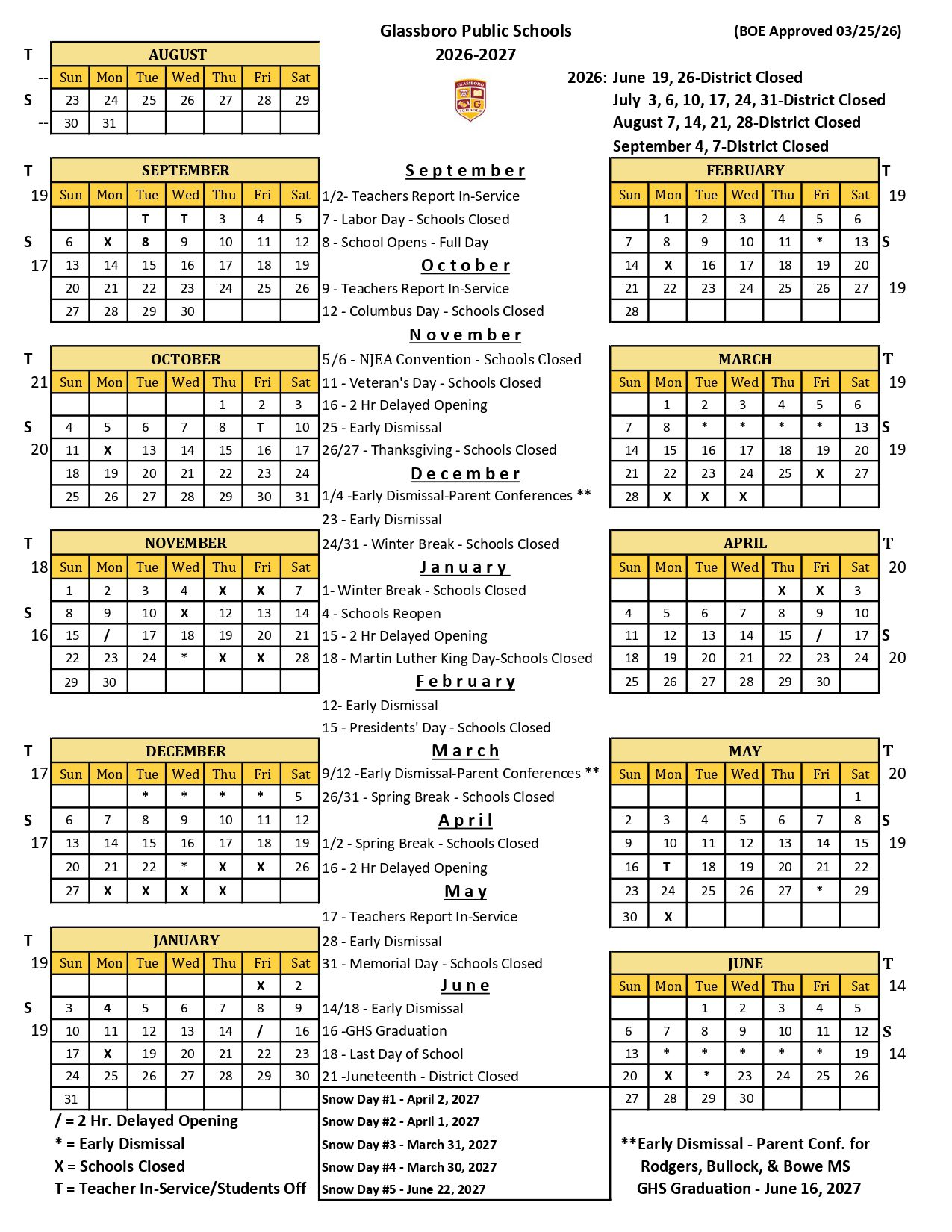 Glassboro Public Schools NJ Calendar 26-27 Updates