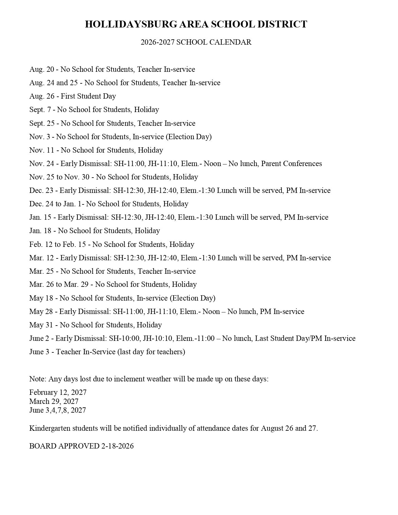HOLLIDAYSBURG AREA SCHOOL DISTRICT PA Calendar 26-27 Updates