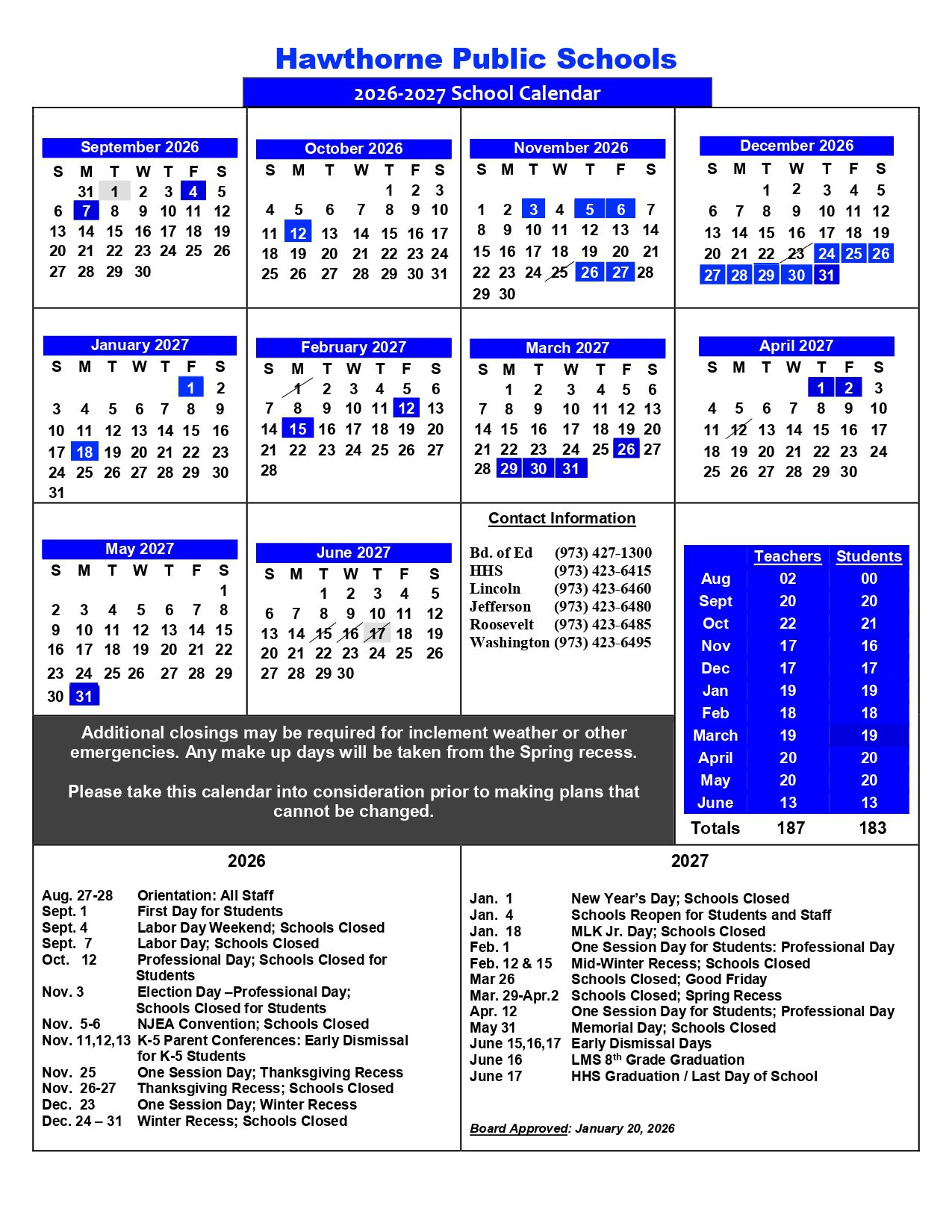 Hawthorne Public Schools   NJ Calendar  26-27 Updates