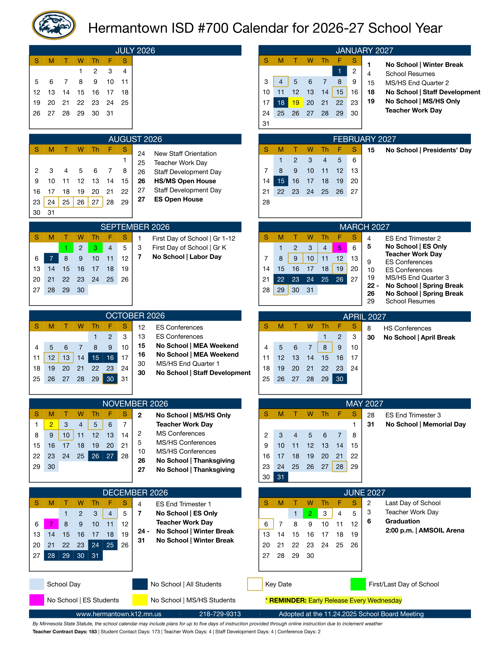 Houston Public Schools ISD 294 26-27 Calendar [PDF] Updated