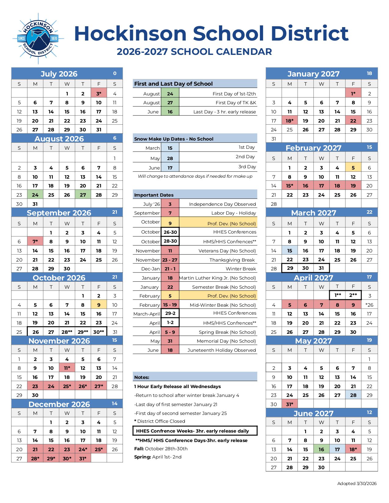 Hockinson School District  WA Calendar 26/27 Updates