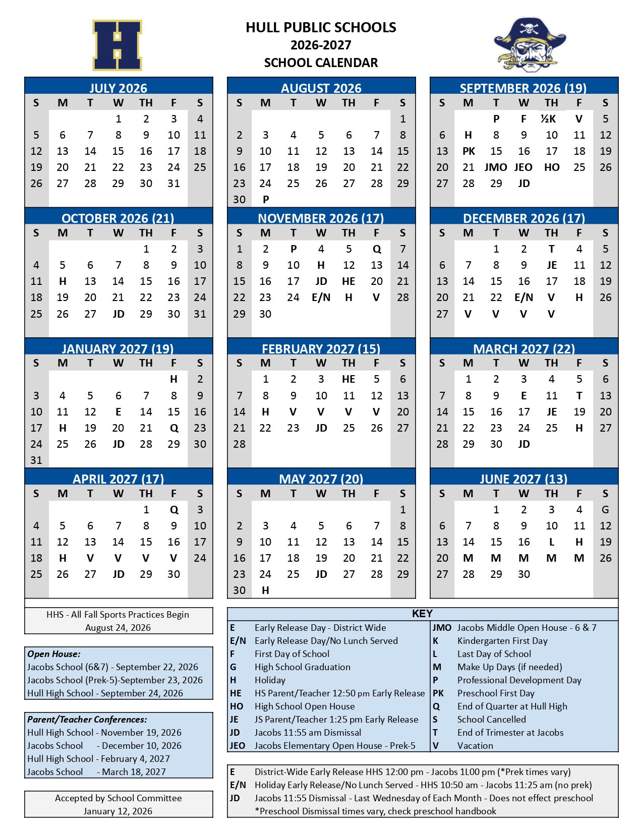 Hull Public Schools District MA Calendar 26-27 PDF
