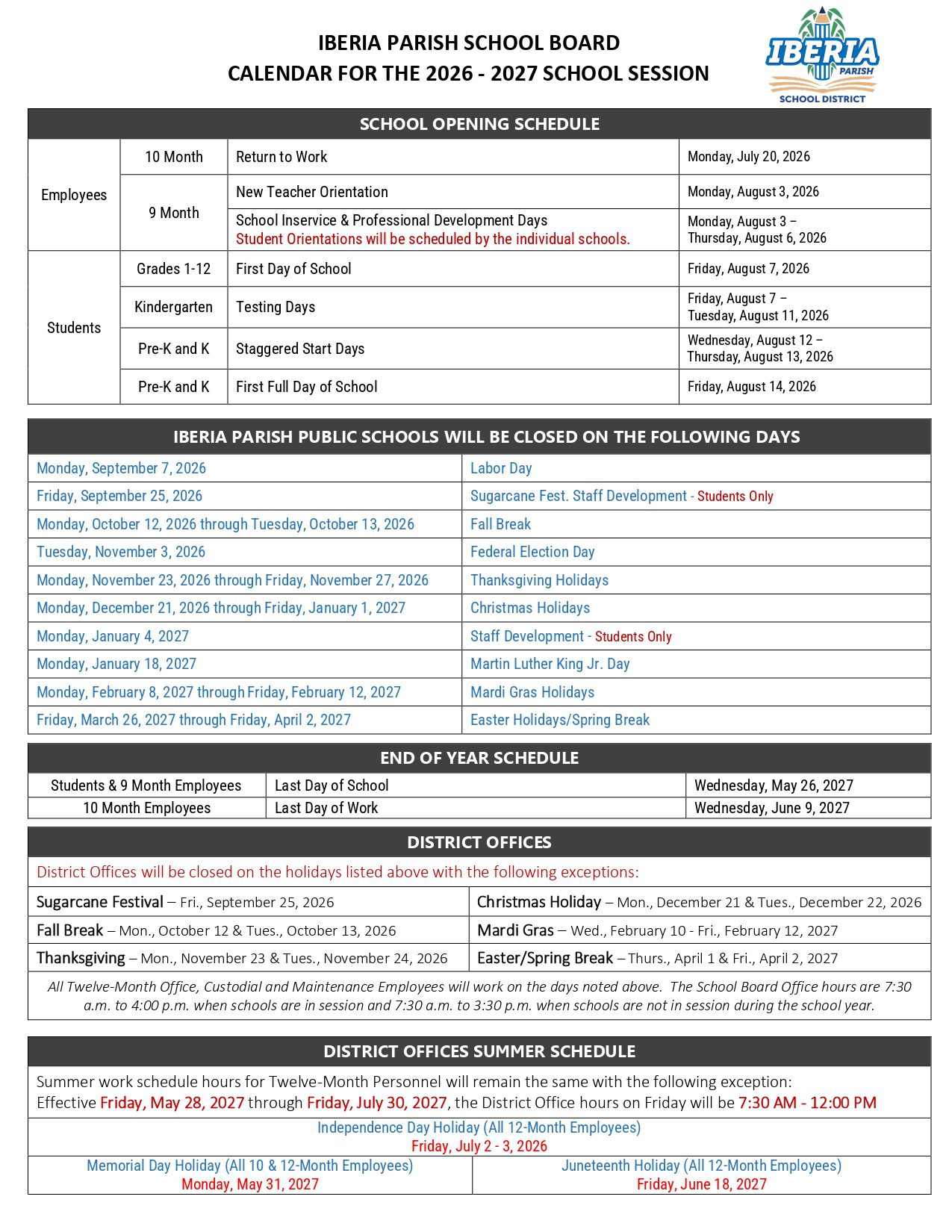 Iberia Parish School District Calendar 26-27 Revised [PDF]