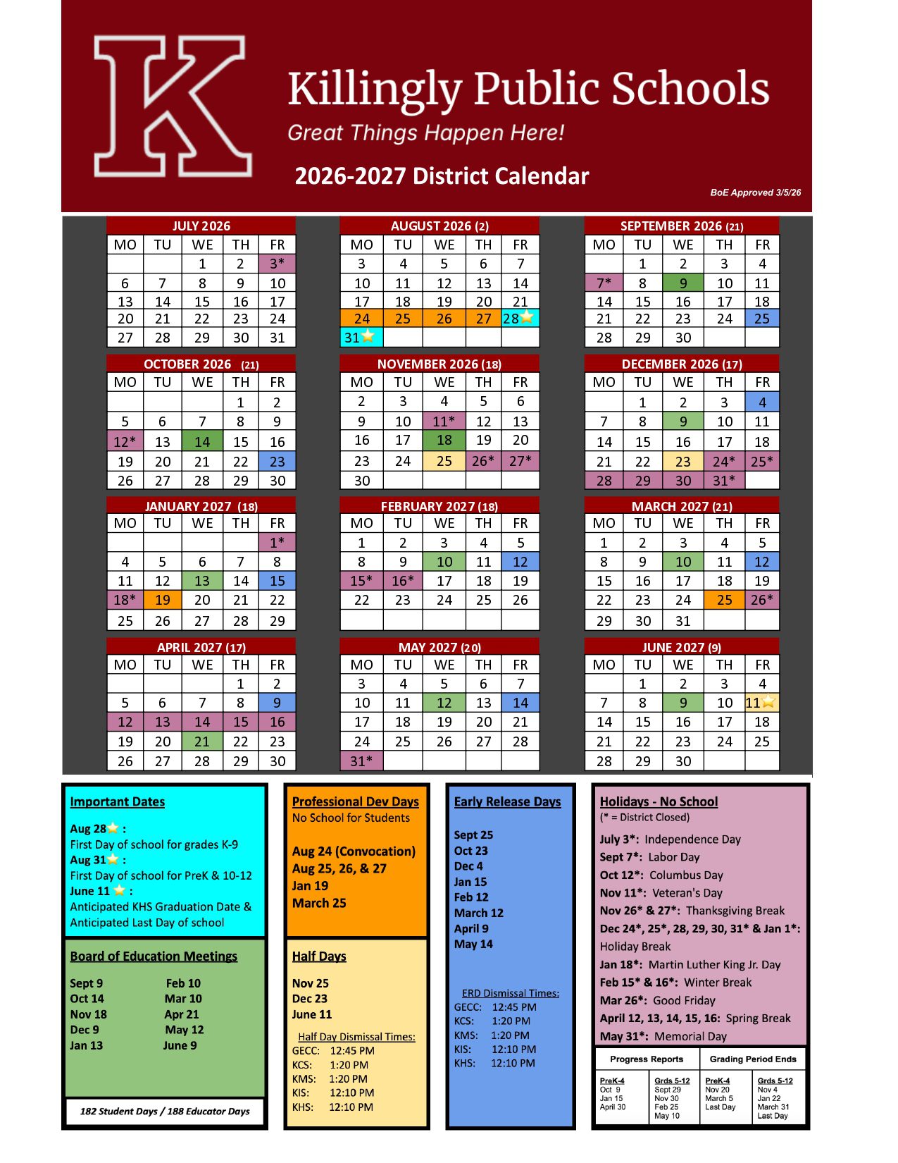 Killingly Public Schools ct Calendar 26-27 Revised PDF