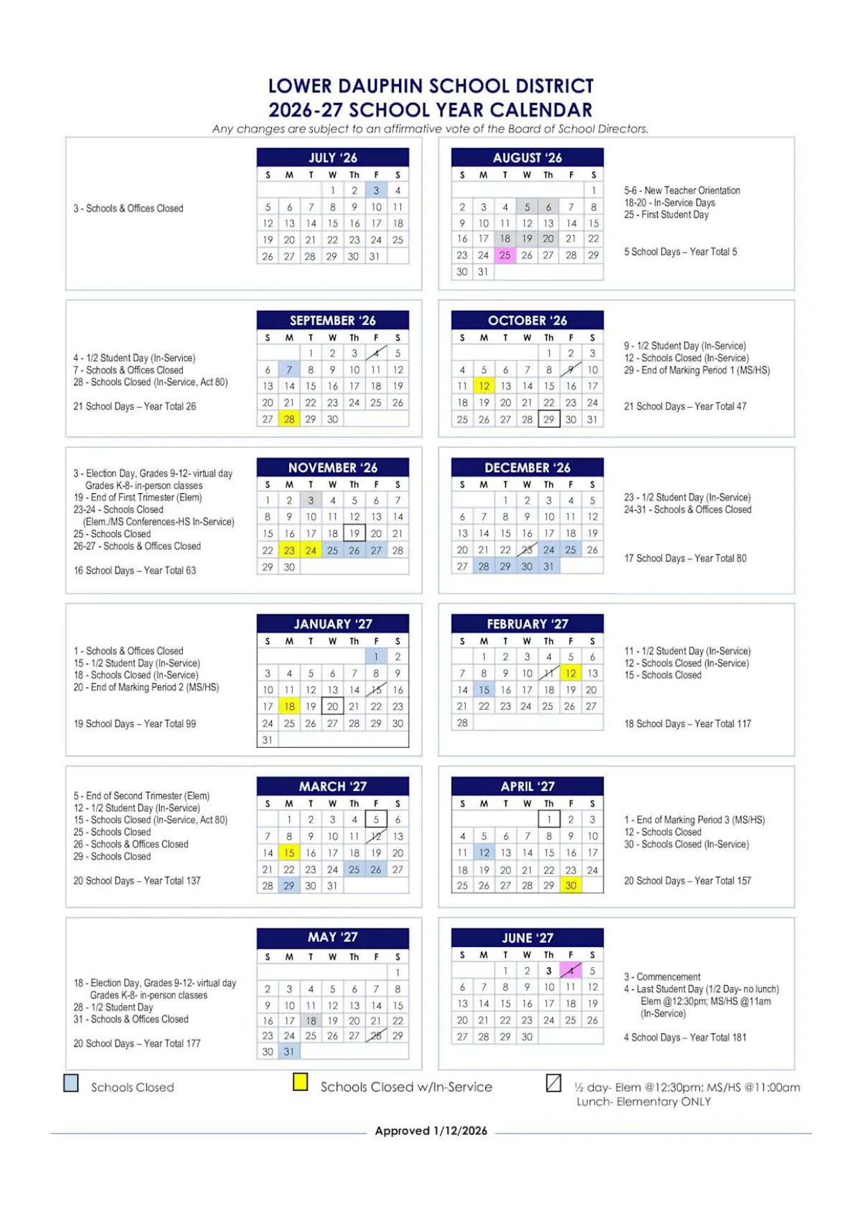 Lower Dauphin School District Calendar 26-27 Updates