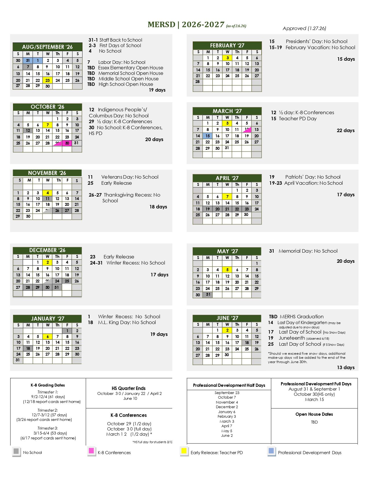 Manchester Essex Regional School District MA Calendar 26-27 PDF