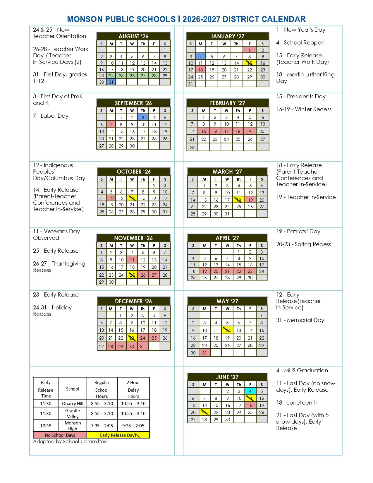 MONSON PUBLIC SCHOOLS Calendar 26-27 PDF