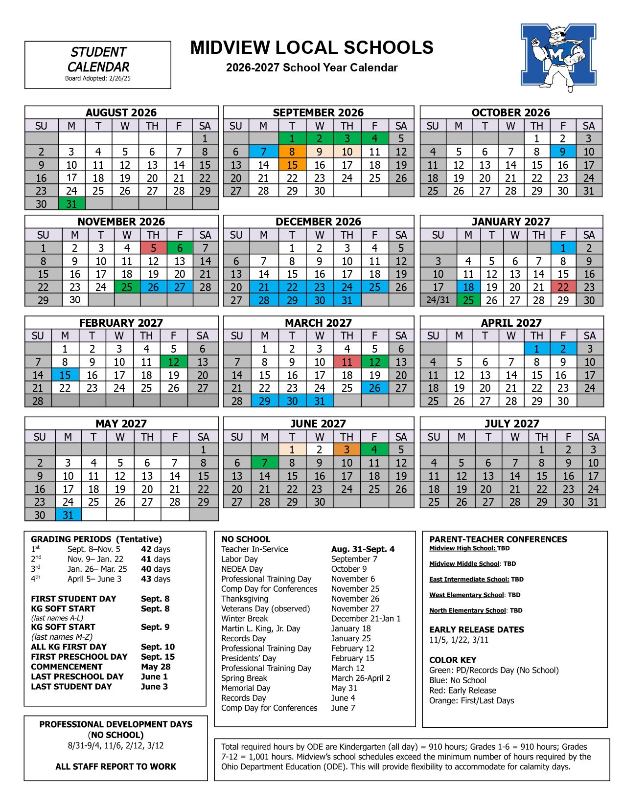 Midview Local Schools 26/27 Calendar Updates