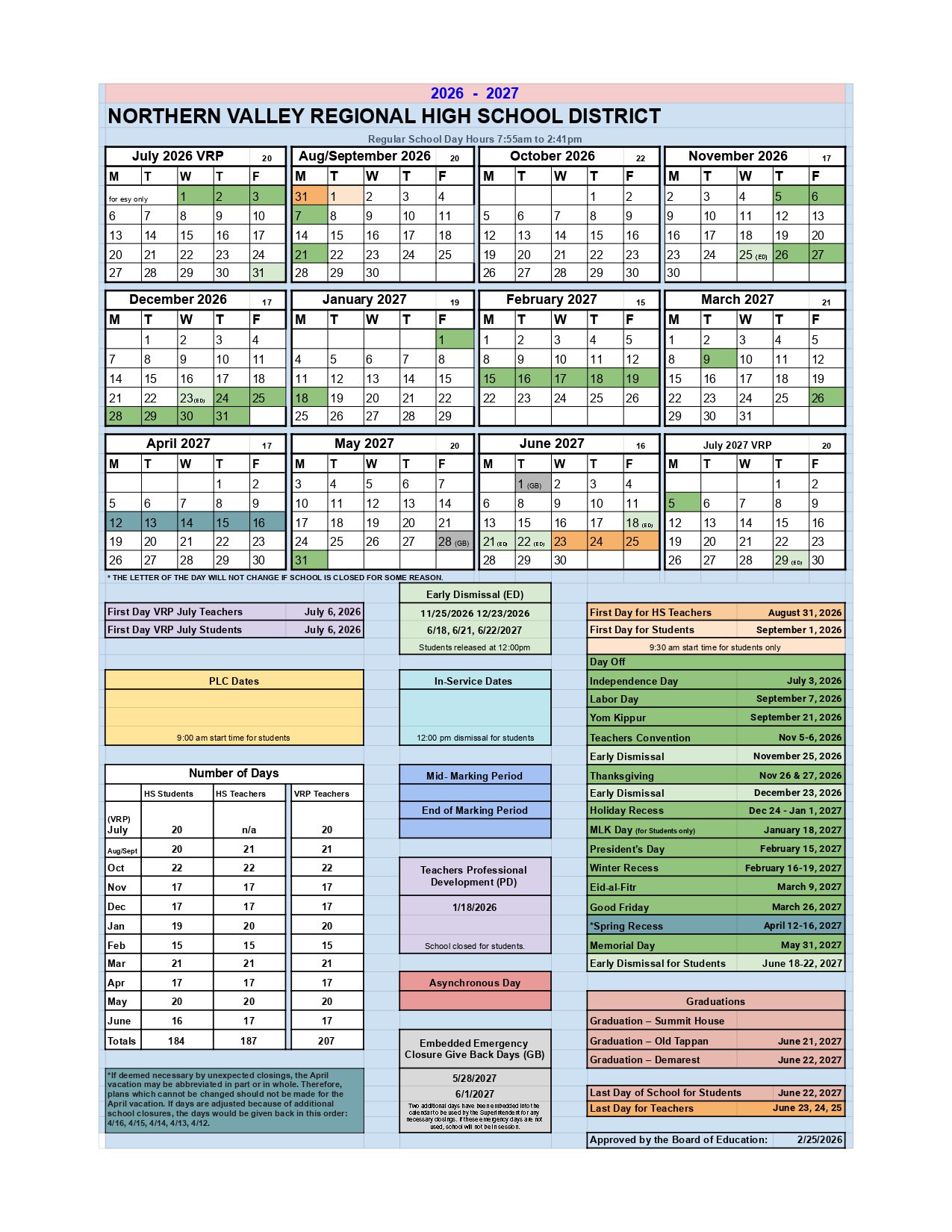 NORTHERN VALLEY REGIONAL HIGH SCHOOL NJ Calendar 26-27 Updates