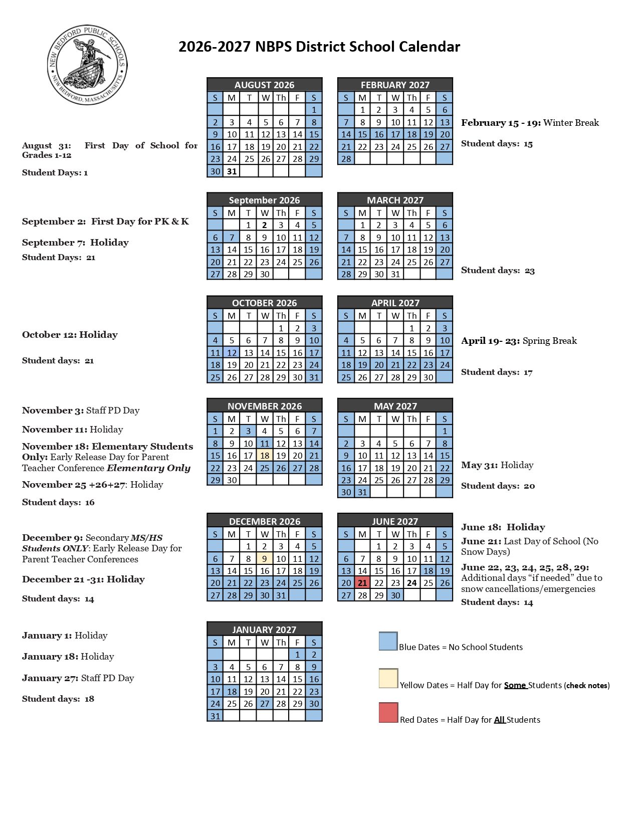 New Bedford Public Schools MA Calendar 26-27 [PDF]