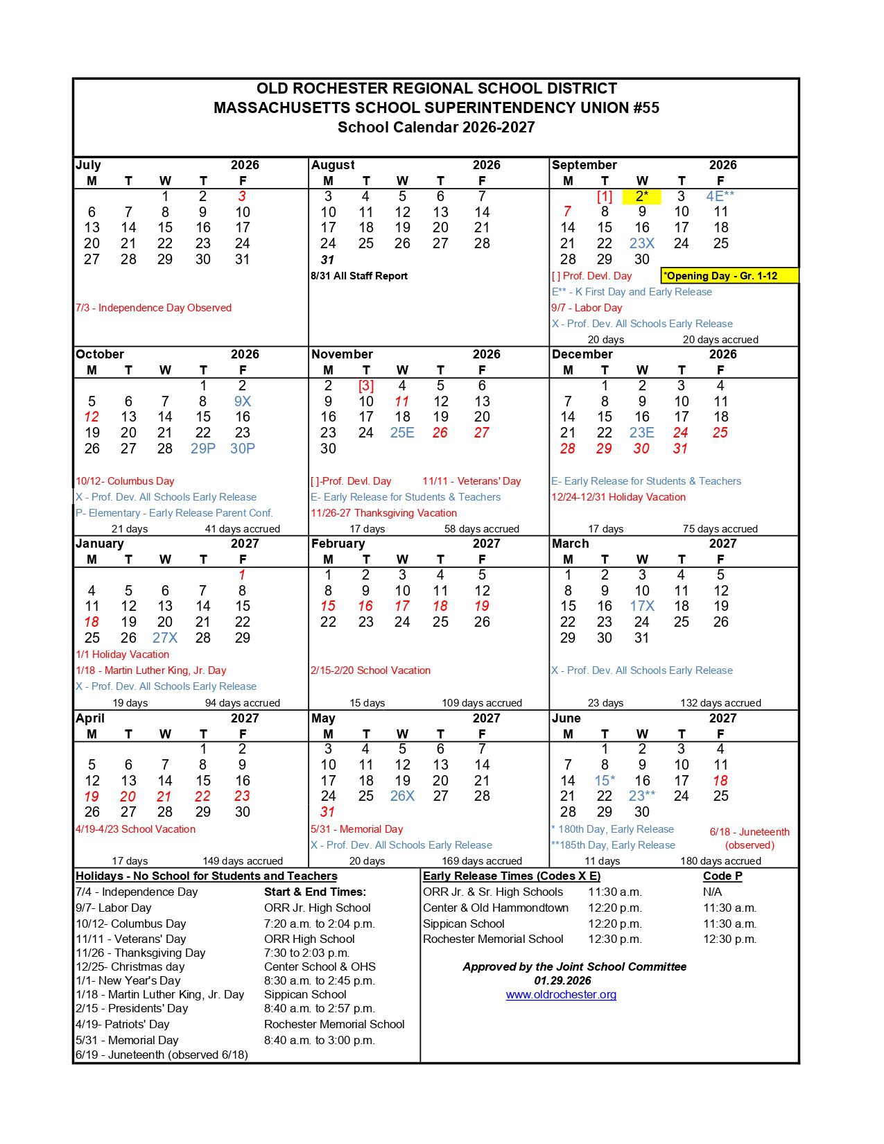 Rockport Public Schools District MA Calendar 26-27 PDF