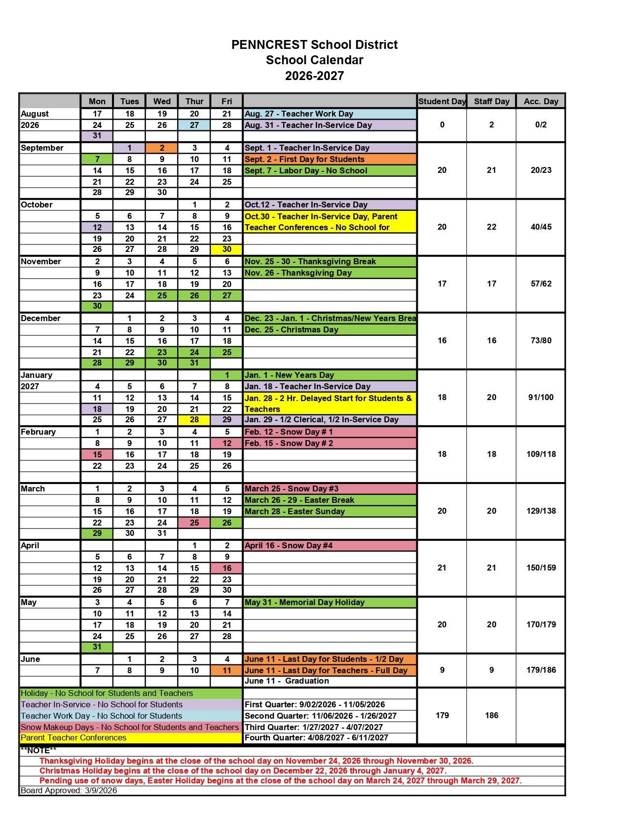 PENNCREST School District PA Calendar 26-27 Updates
