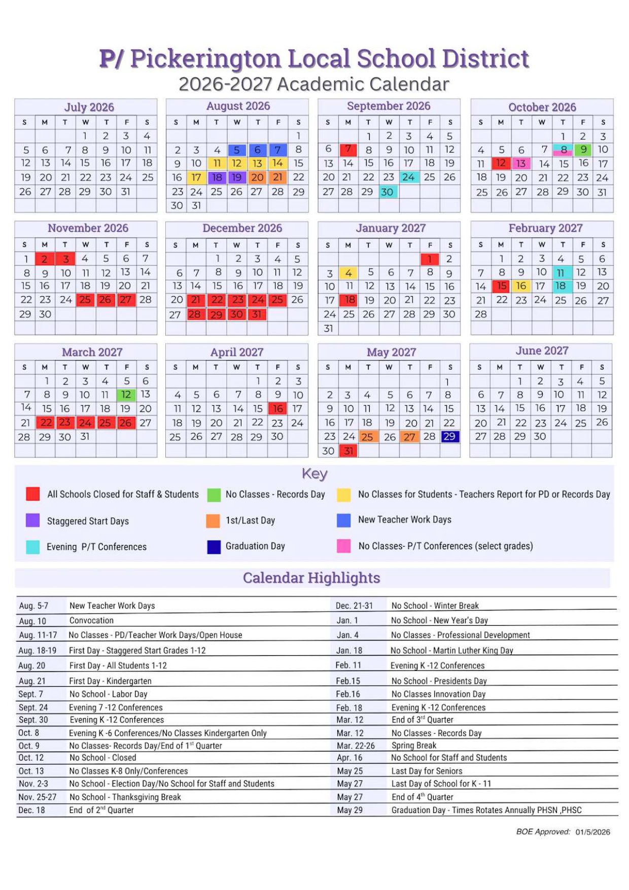 Pickerington Local School District 26-27 Calendar Updates