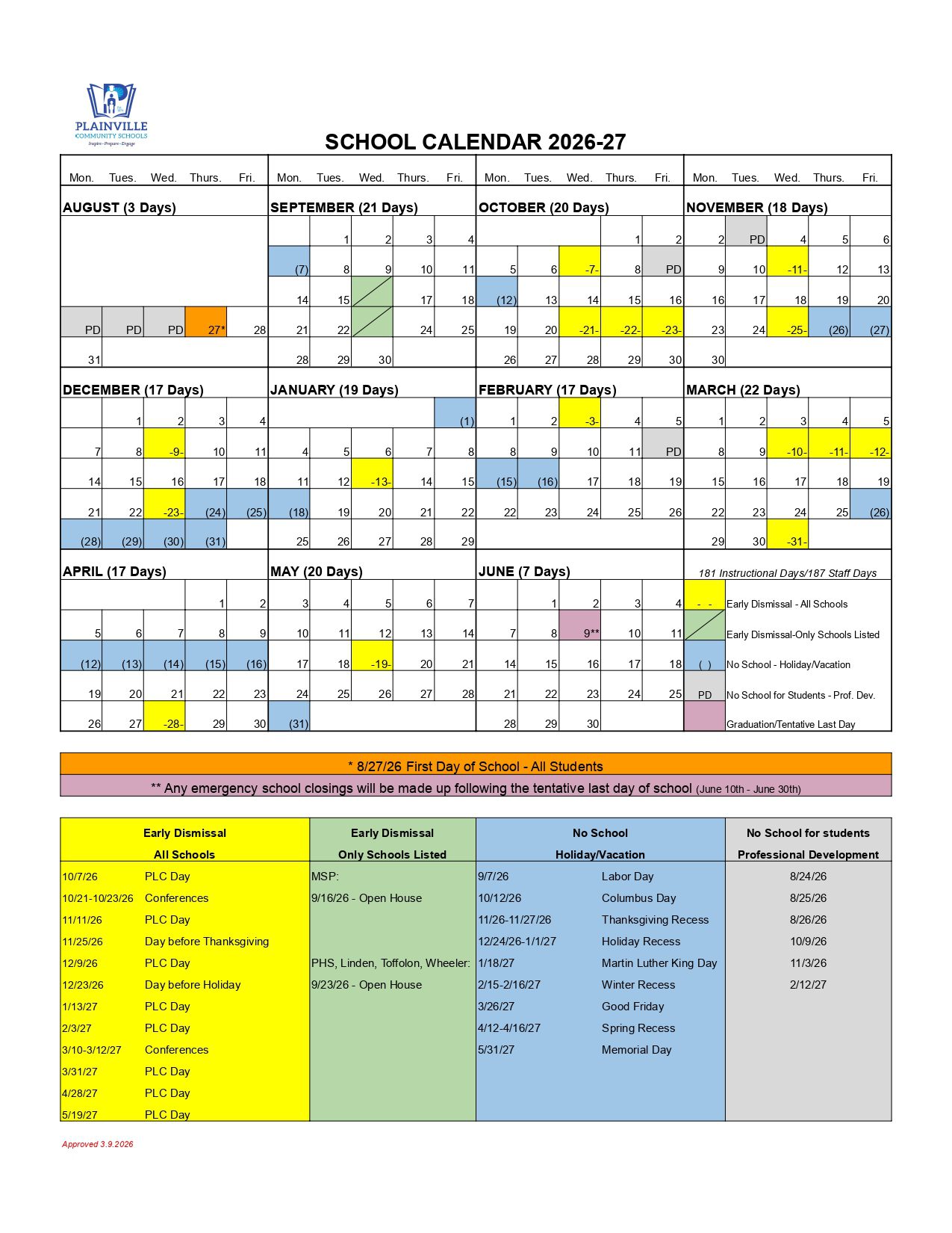 Plainville Community Schools  ct Calendar 26-27 Revised PDF