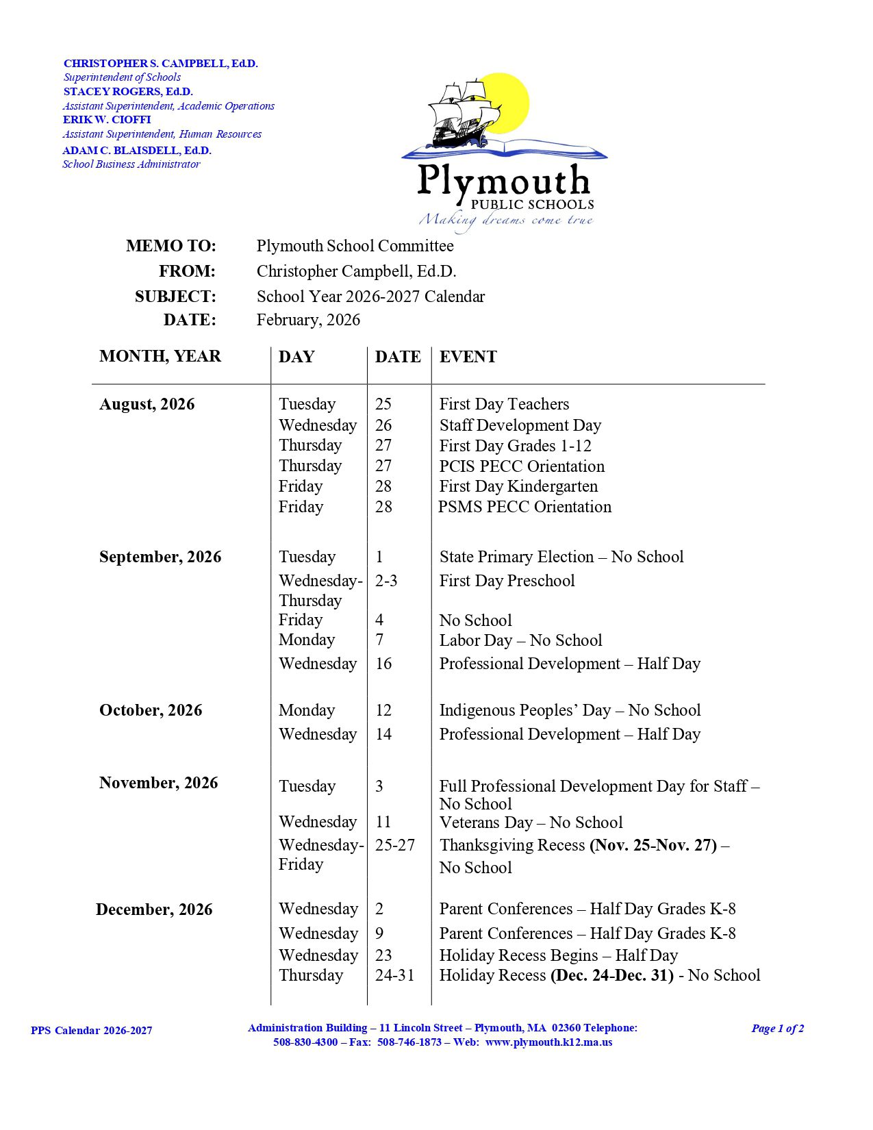 Plymouth Public Schools MA Calendar 26-27 [PDF]