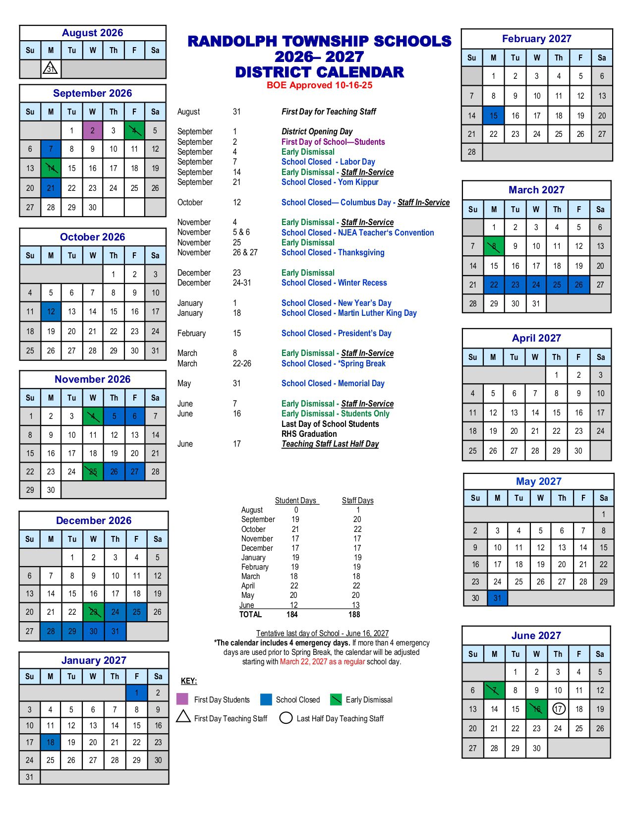 RANDOLPH TOWNSHIP SCHOOLS  Calendar 26-27 Updates