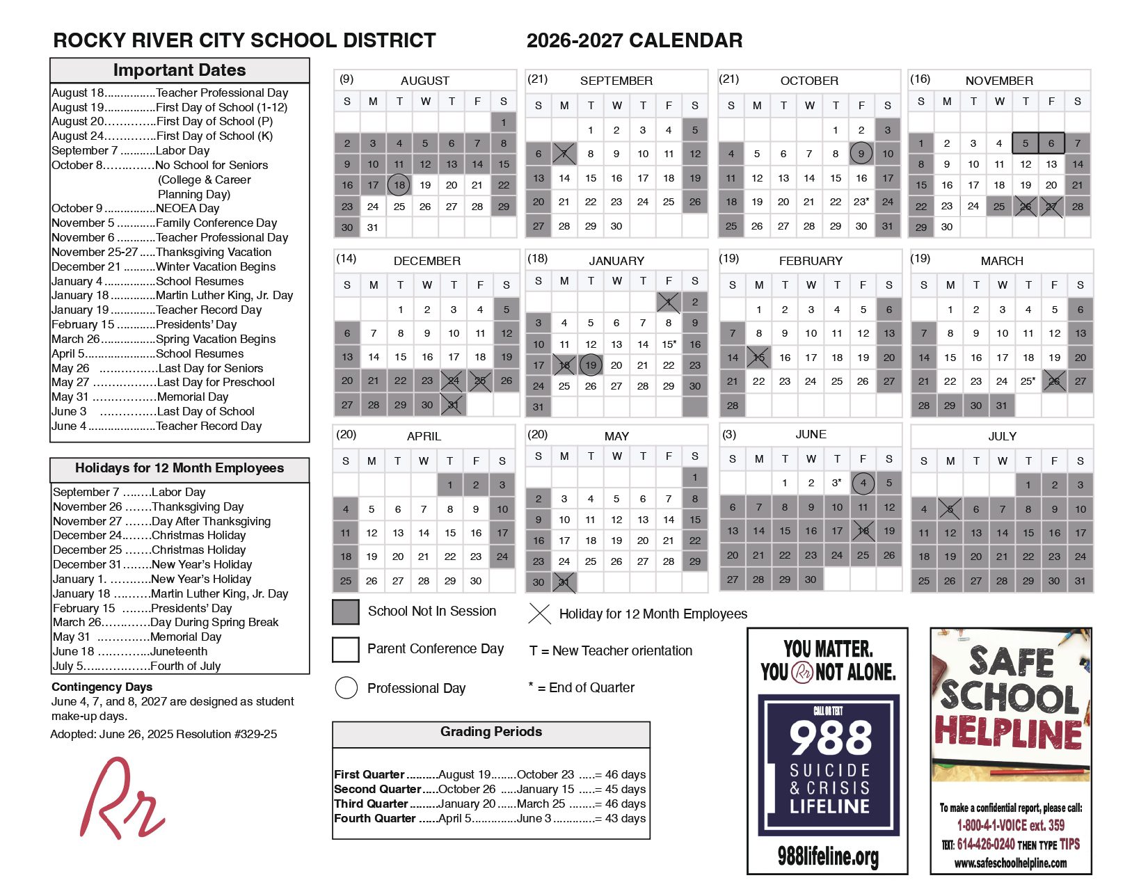 Rocky River City School District Calendar  26/27 Updated