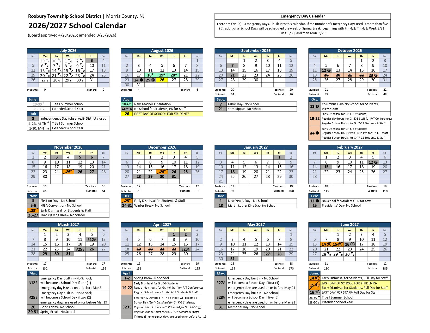 Roxbury Township School District    26-27 Calendar