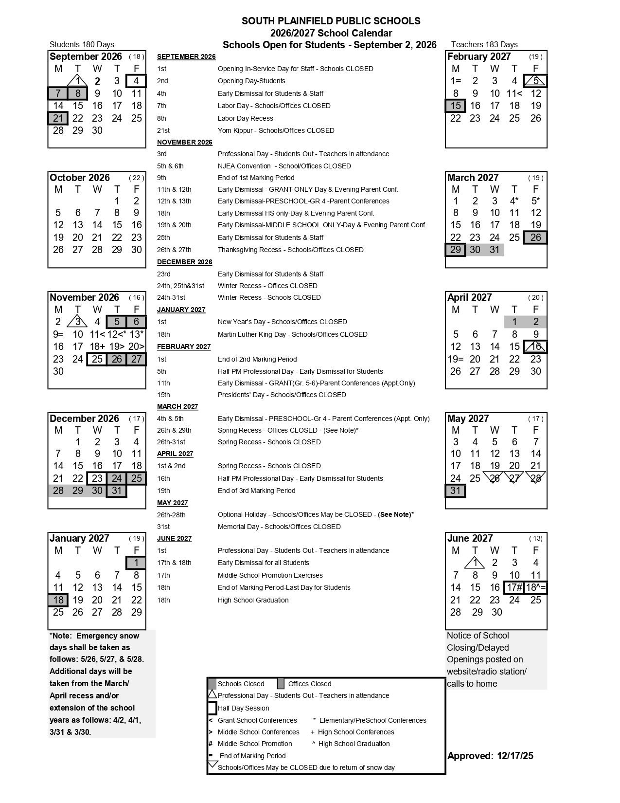 SOUTH PLAINFIELD PUBLIC SCHOOLS Calendar 26-27 Updates