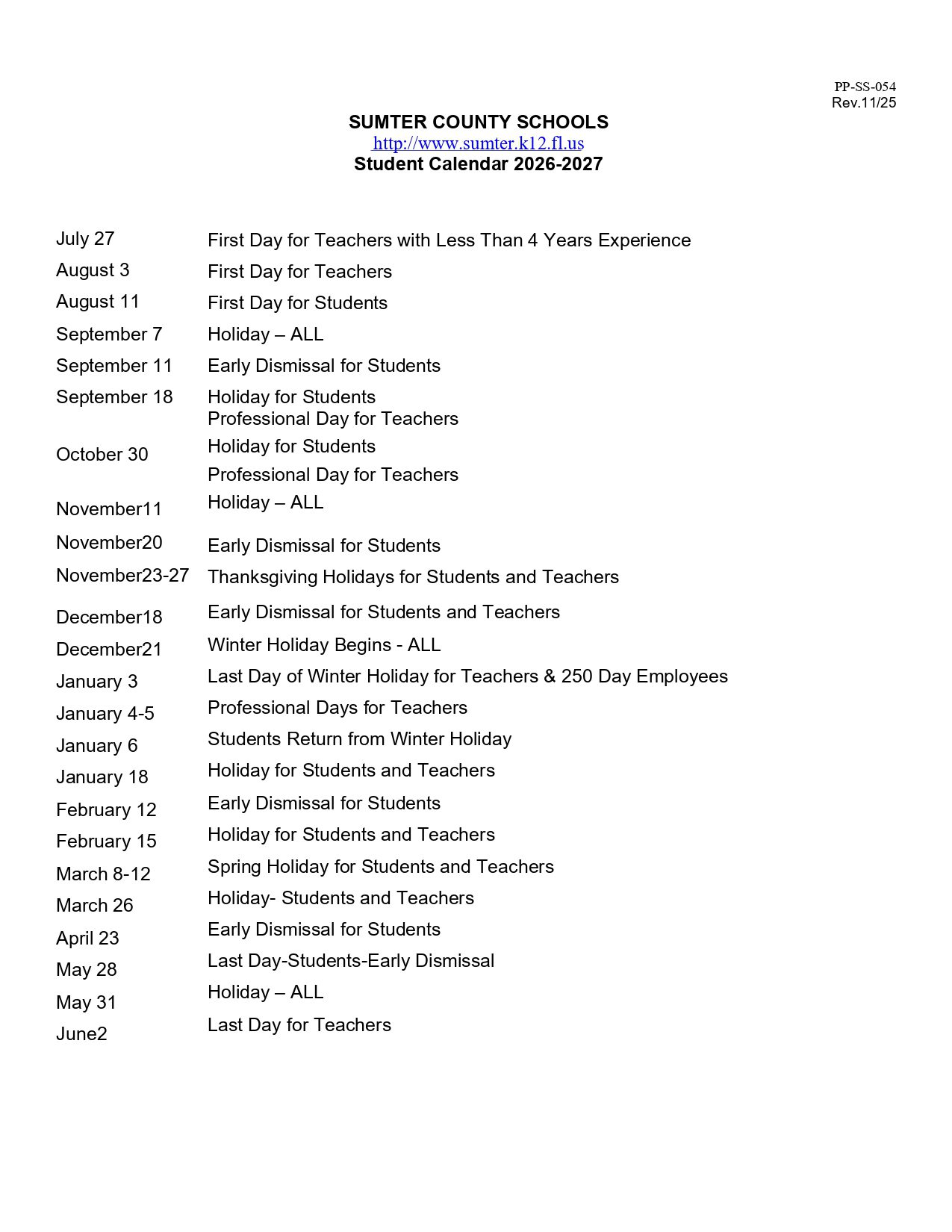 SUMTER COUNTY SCHOOLS FL 26-27 Calendar [PDF]