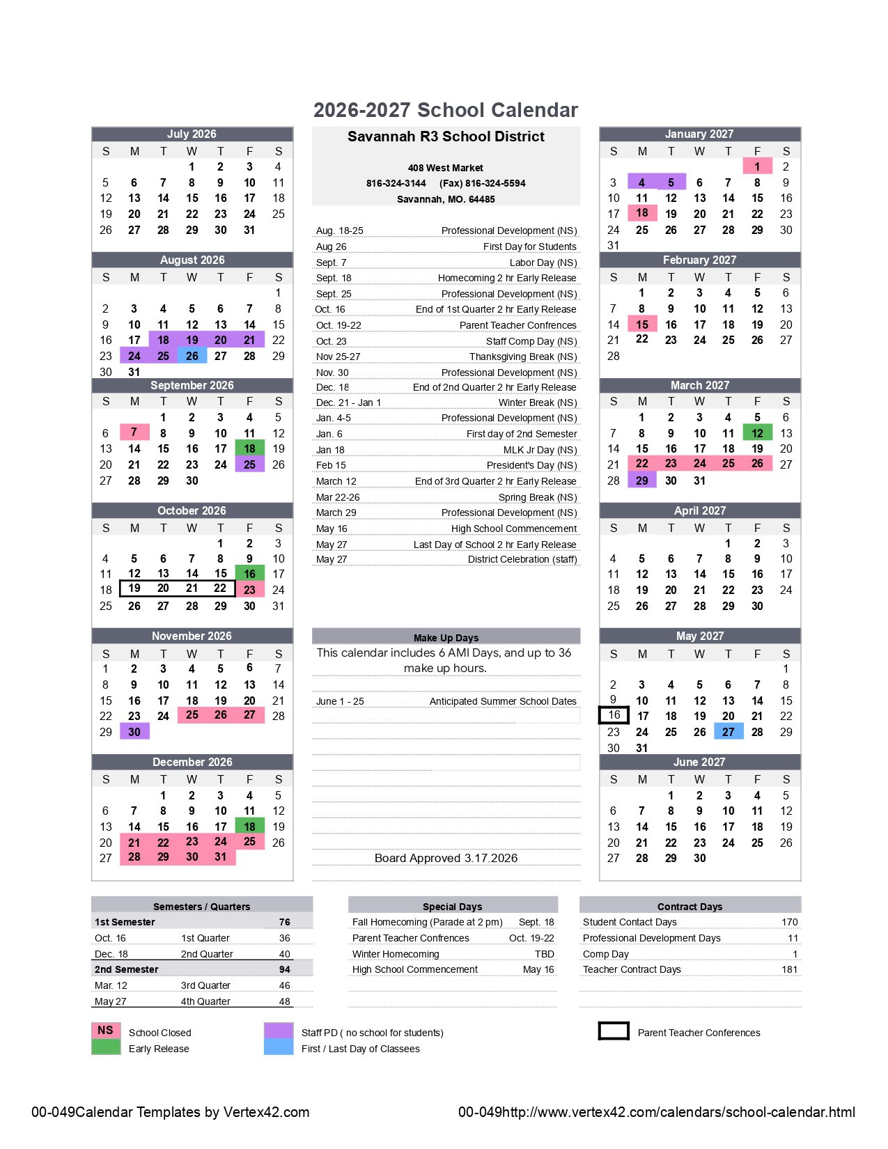 Savannah R3 School mo Calendar 26-27 [PDF]