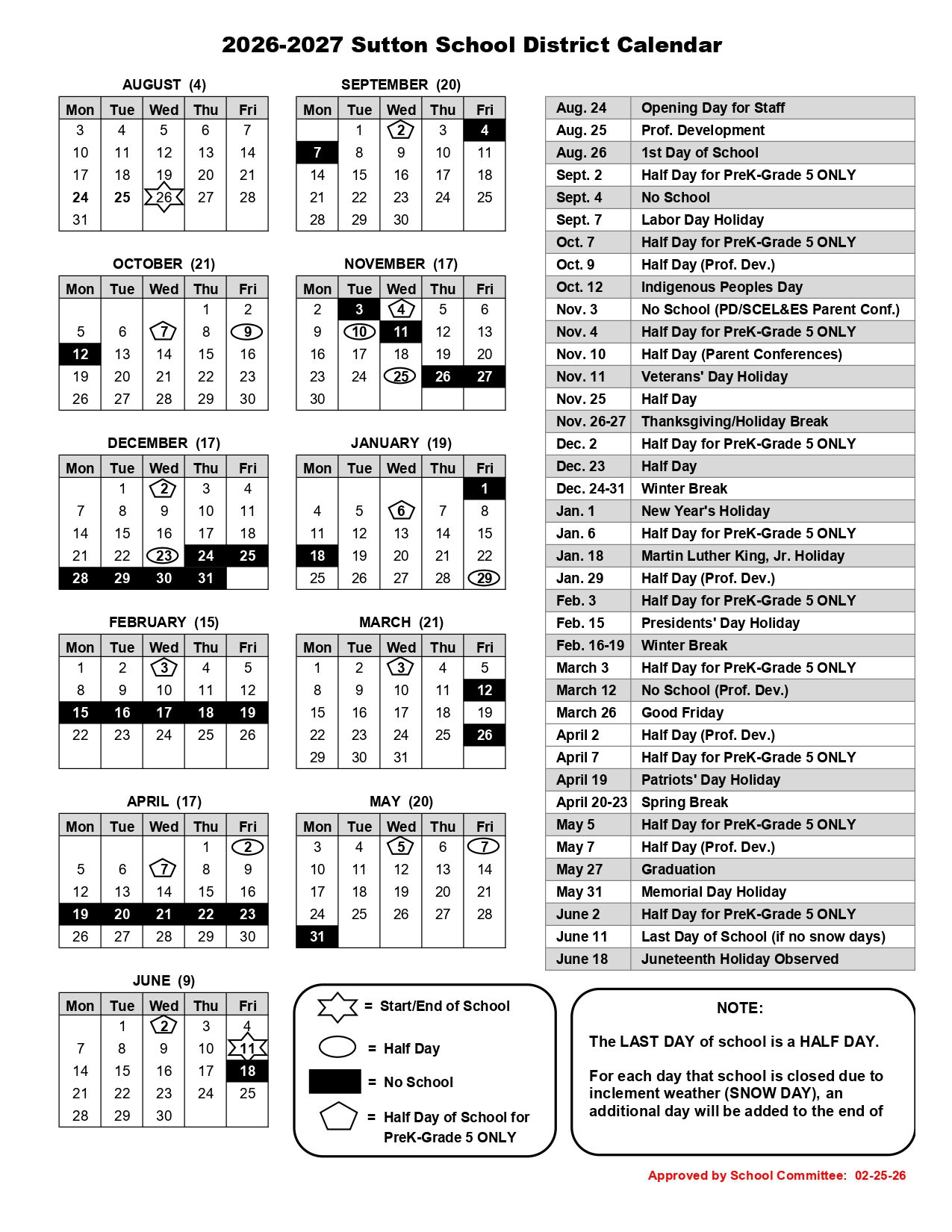 Sutton School District Calendar 26-27 PDF