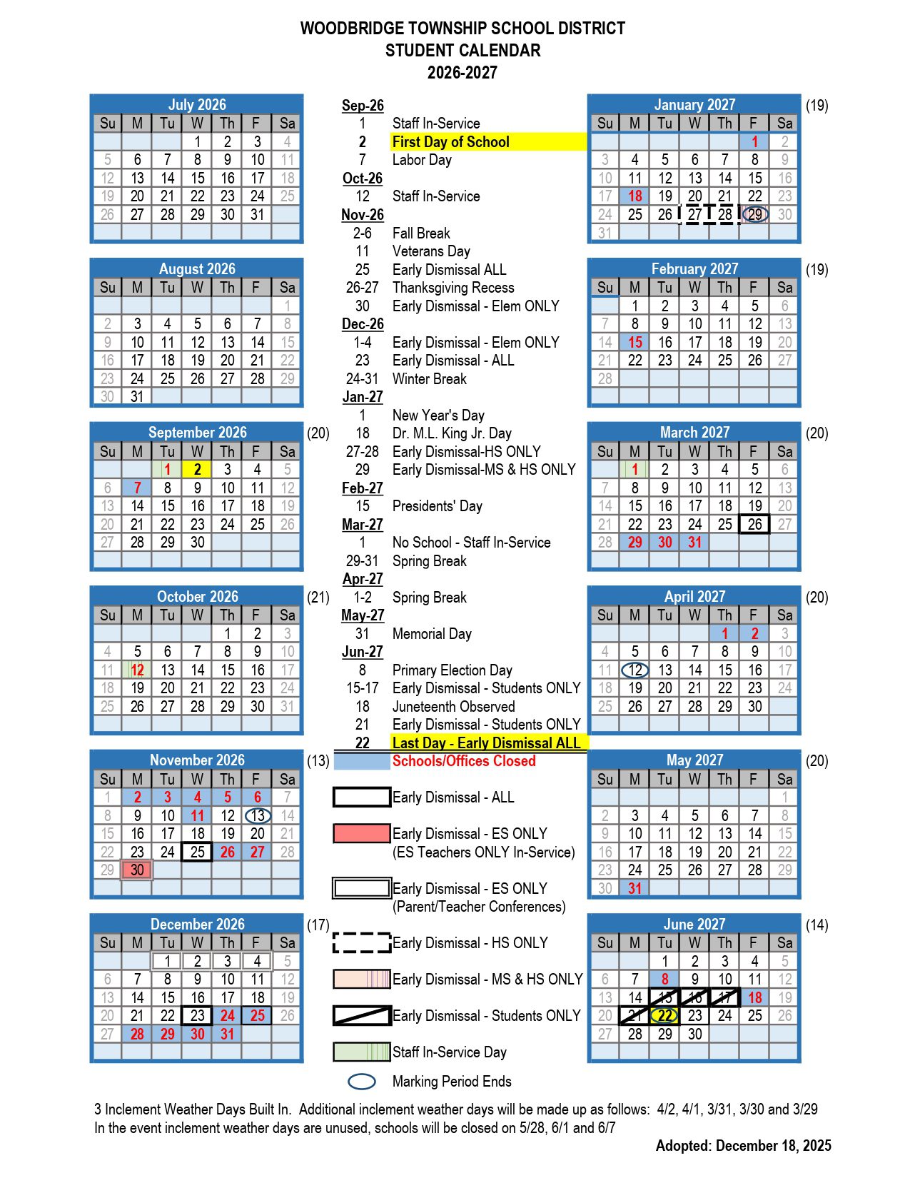 WOODBRIDGE TOWNSHIP SCHOOL DISTRICT 26-27   Calendar [PDF]