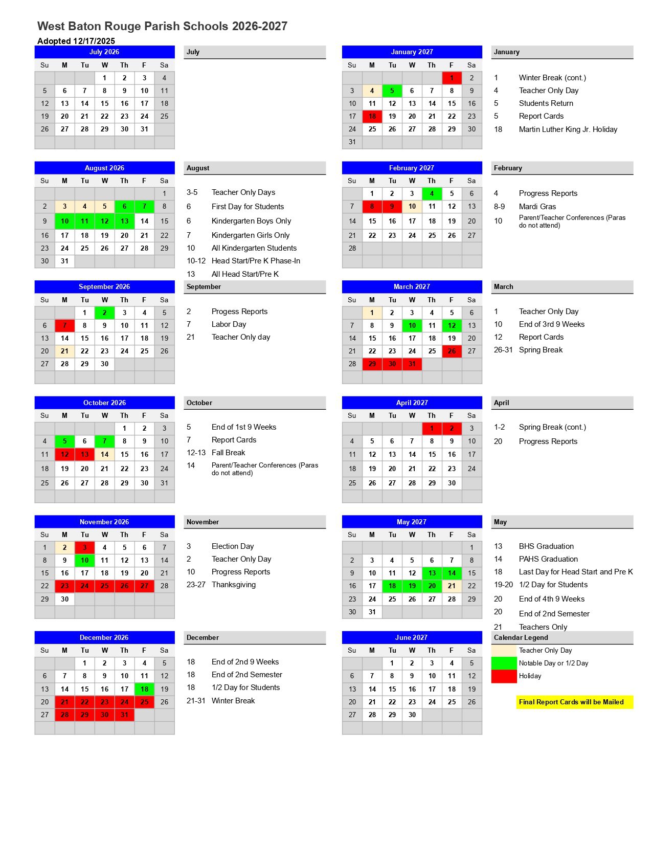 West Baton Rouge Parish Calendar 26-27 Revised [PDF]