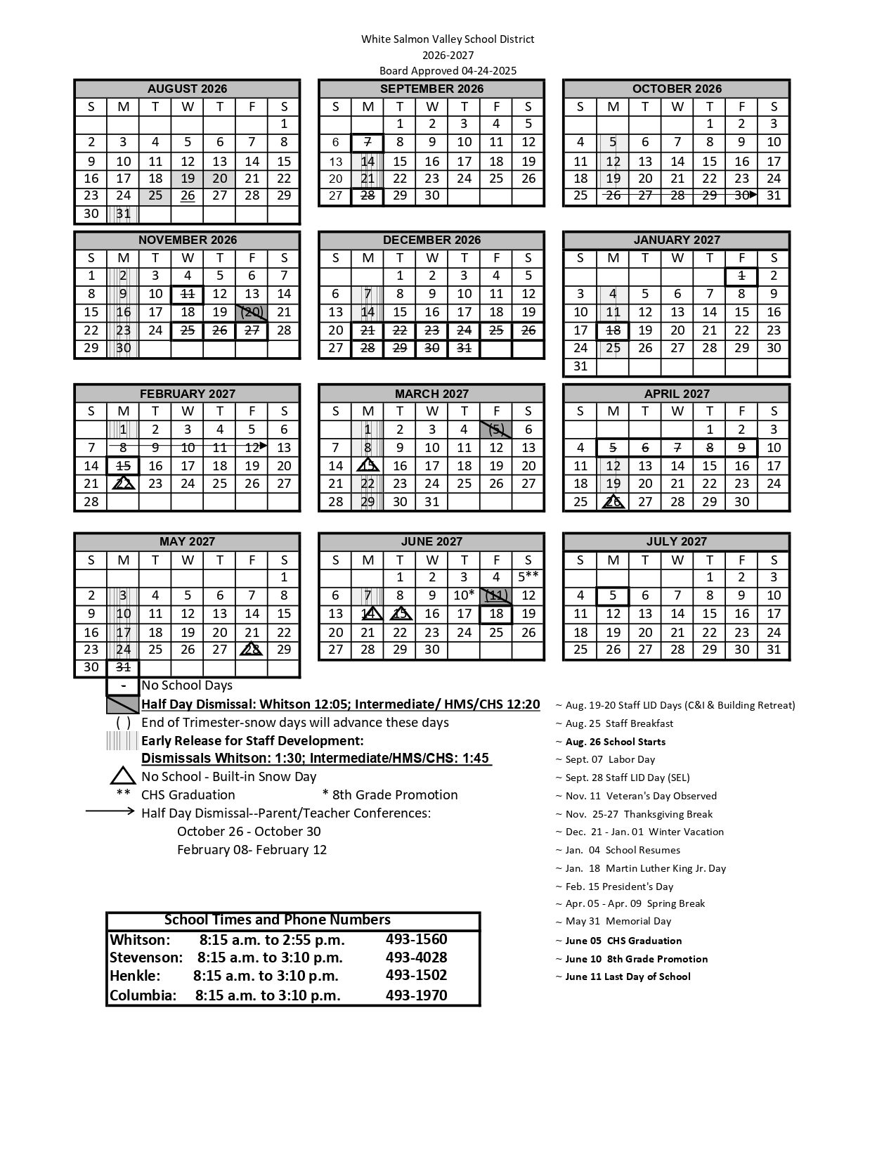 White Salmon Valley School District WA Calendar 26/27 Updates