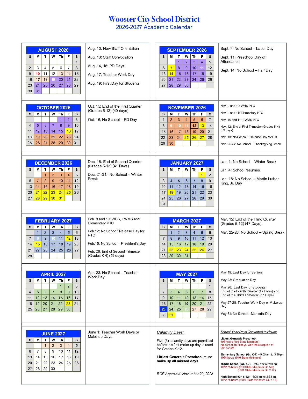 Wooster City School District Calendar 26/27 Updates
