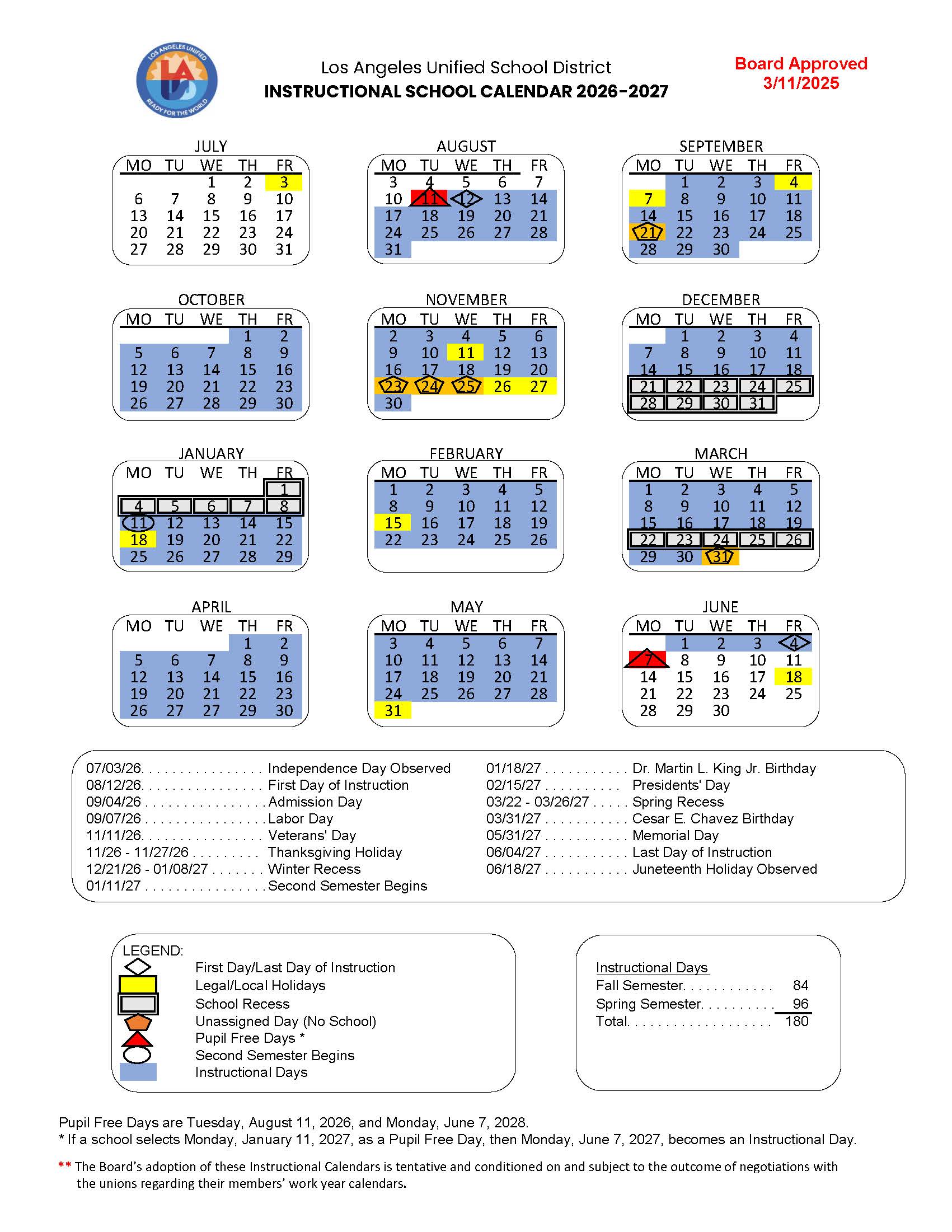 LAUSD Los Angeles Unified school district calendar 26 27 Updated PDF