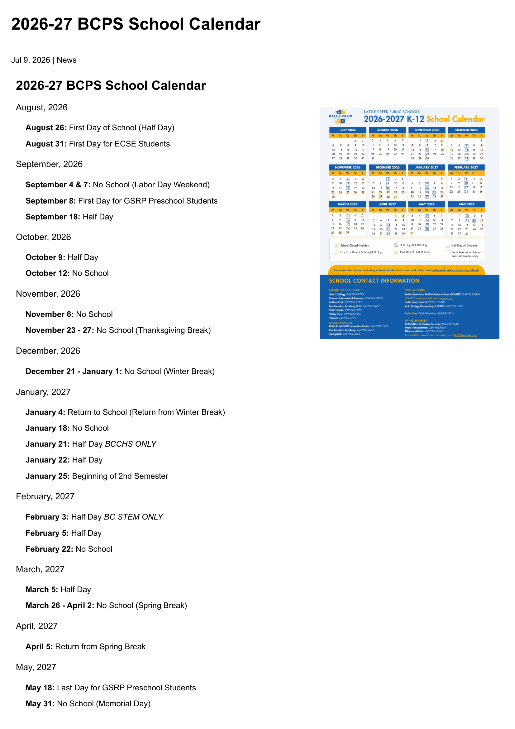 Battle Creek Public Schools calendar thumbnail