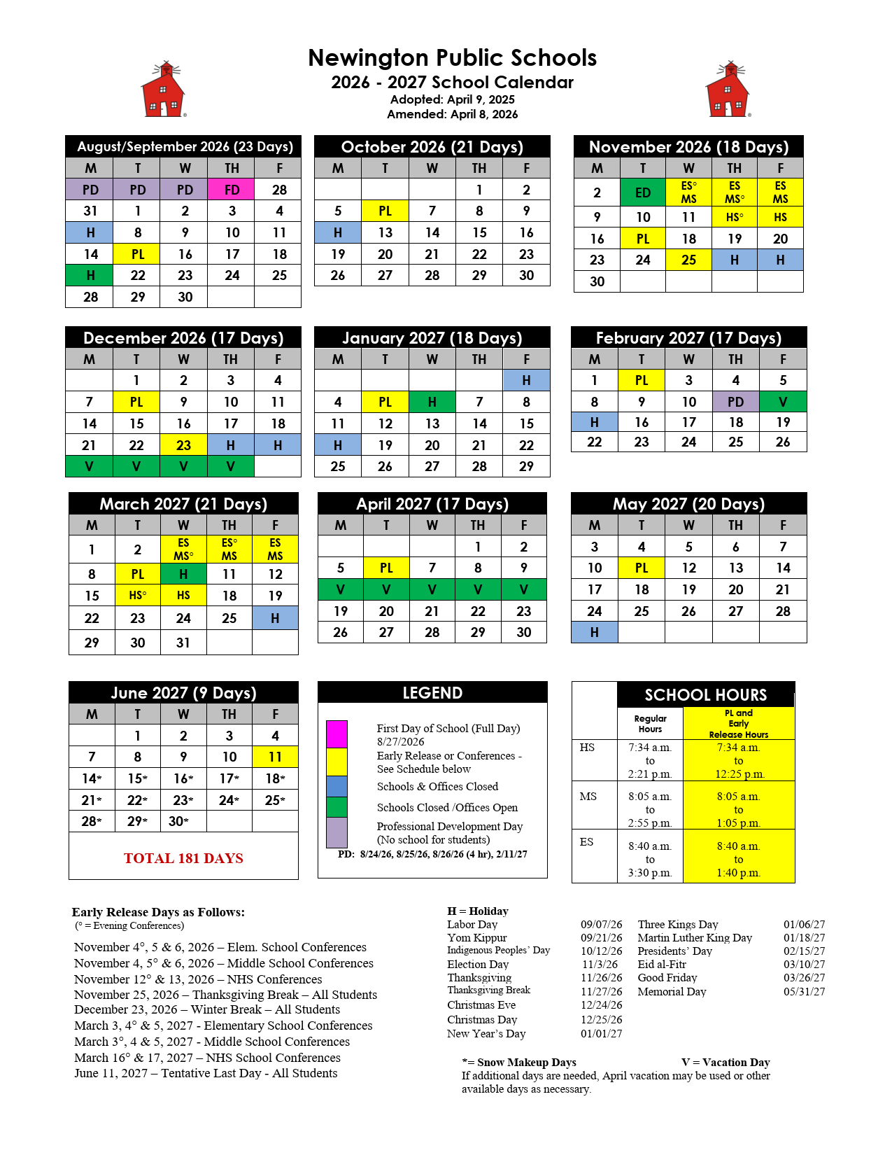 Newington Public Schools calendar thumbnail
