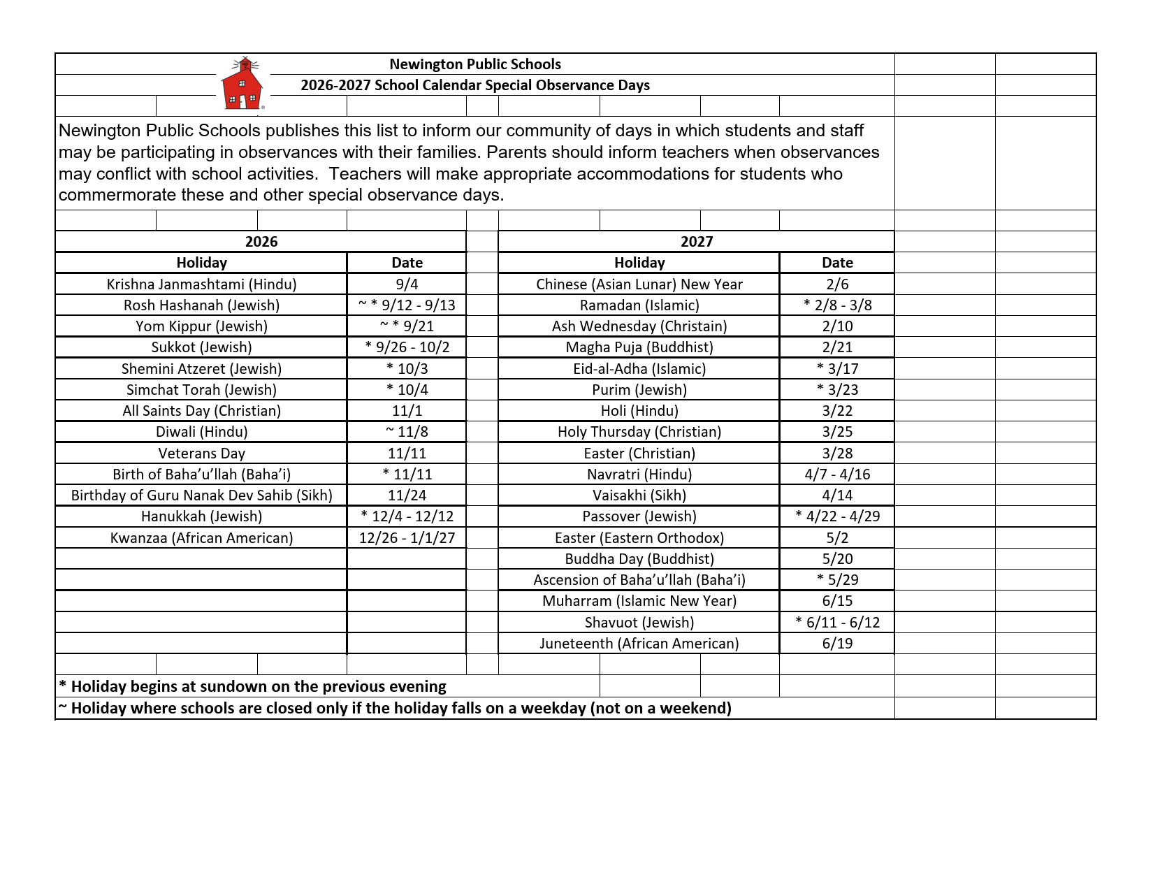Newington Public Schools CT 2026-27 calendar page 2