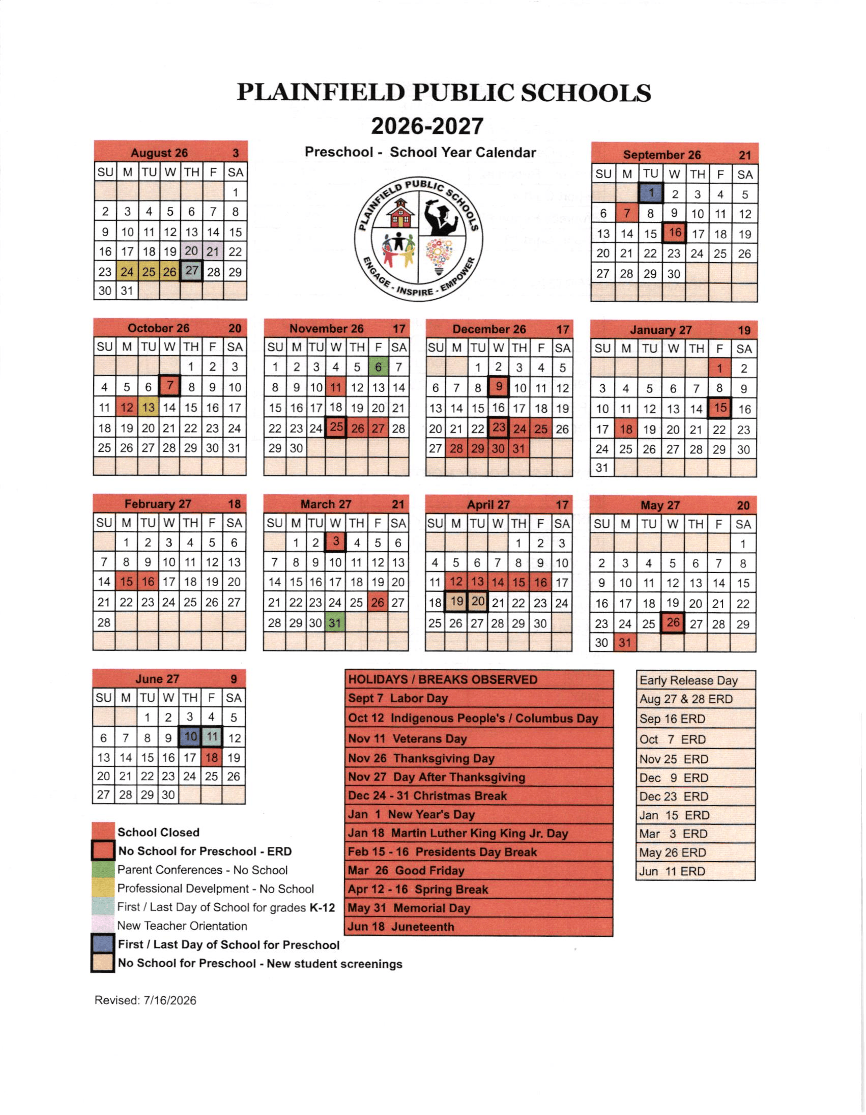 PLAINFIELD PUBLIC SCHOOLS calendar thumbnail
