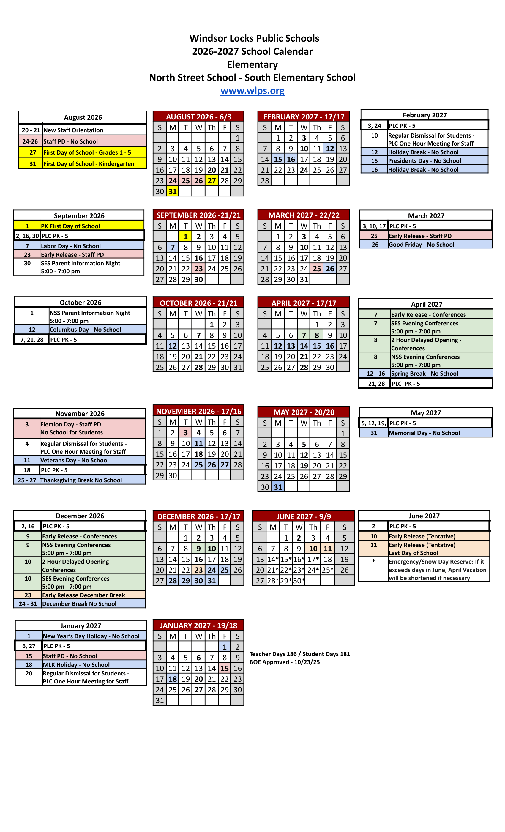 Windsor Locks Public Schools CT 2026-27 calendar page 1