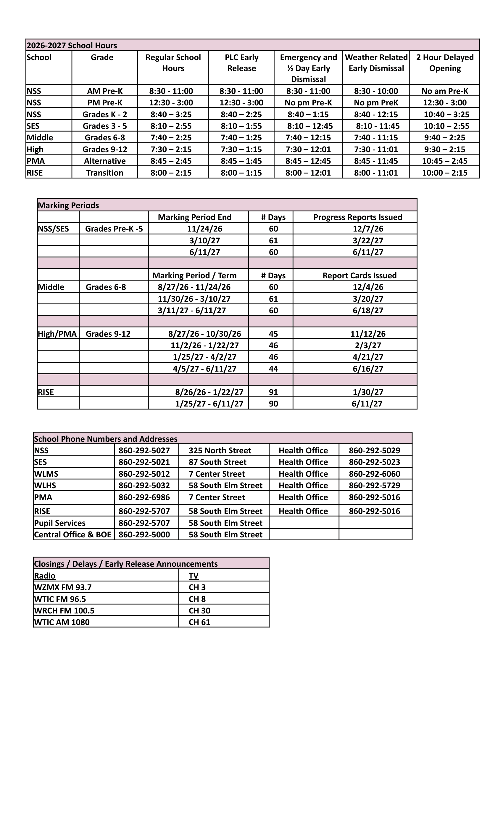 Windsor Locks Public Schools CT 2026-27 calendar page 3