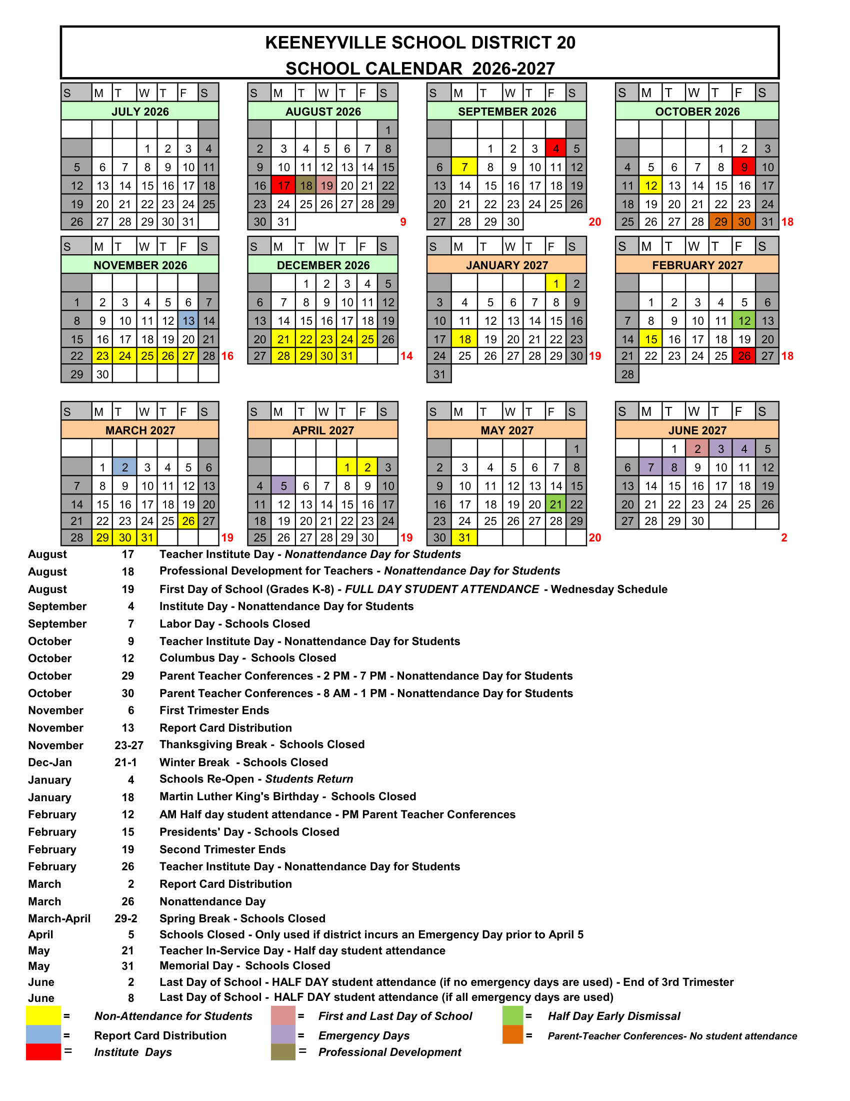 KEENEYVILLE SCHOOL DISTRICT 20 calendar thumbnail