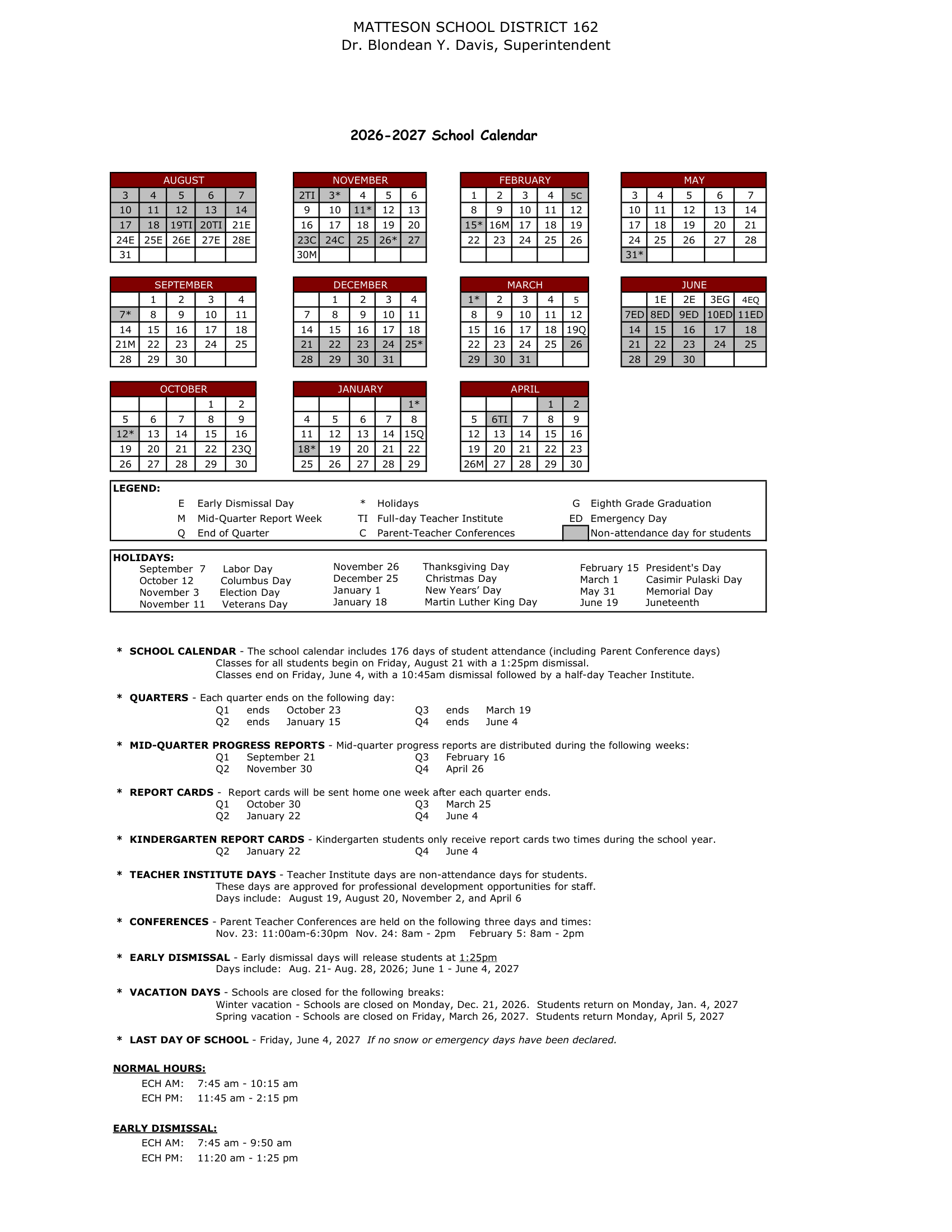 MATTESON SCHOOL DISTRICT 162 calendar thumbnail
