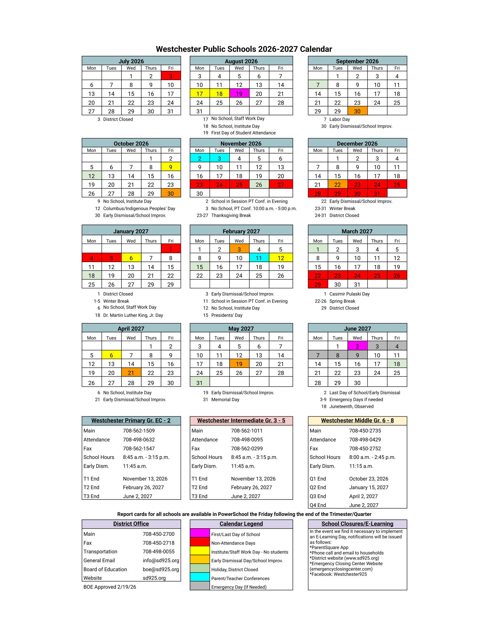 Westchester Public Schools IL 2026-27 calendar page 1