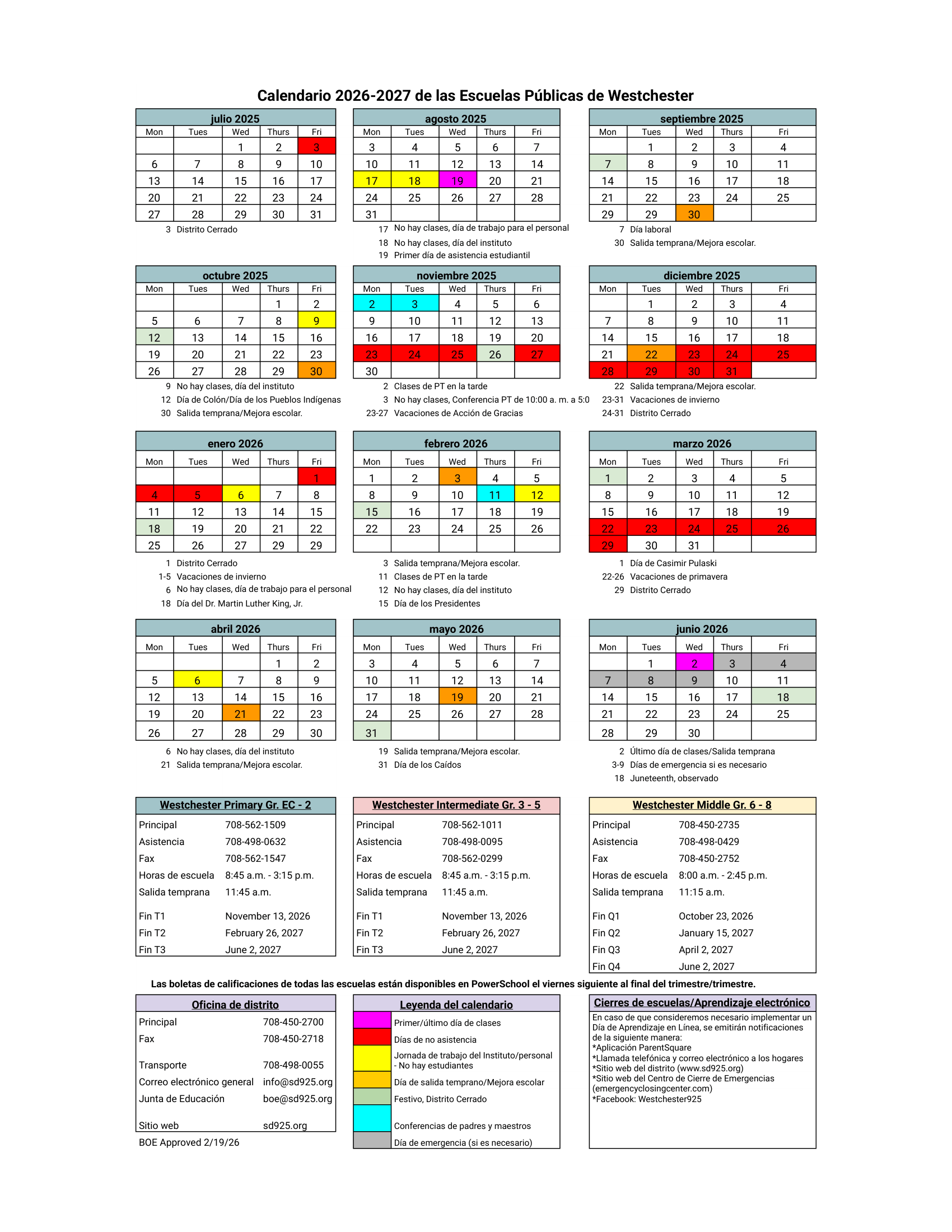 Westchester Public Schools IL 2026-27 calendar page 2