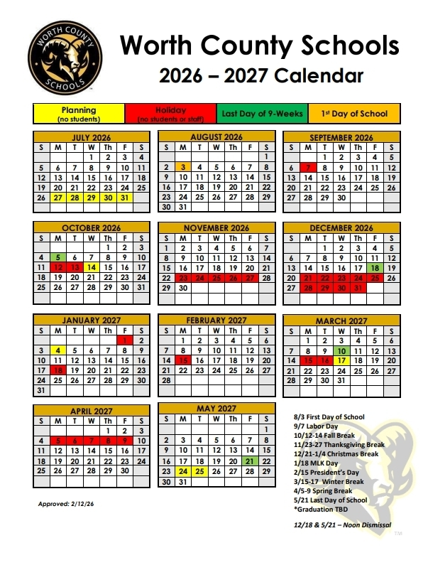 Worth County Schools IL 2026-27 calendar page 2
