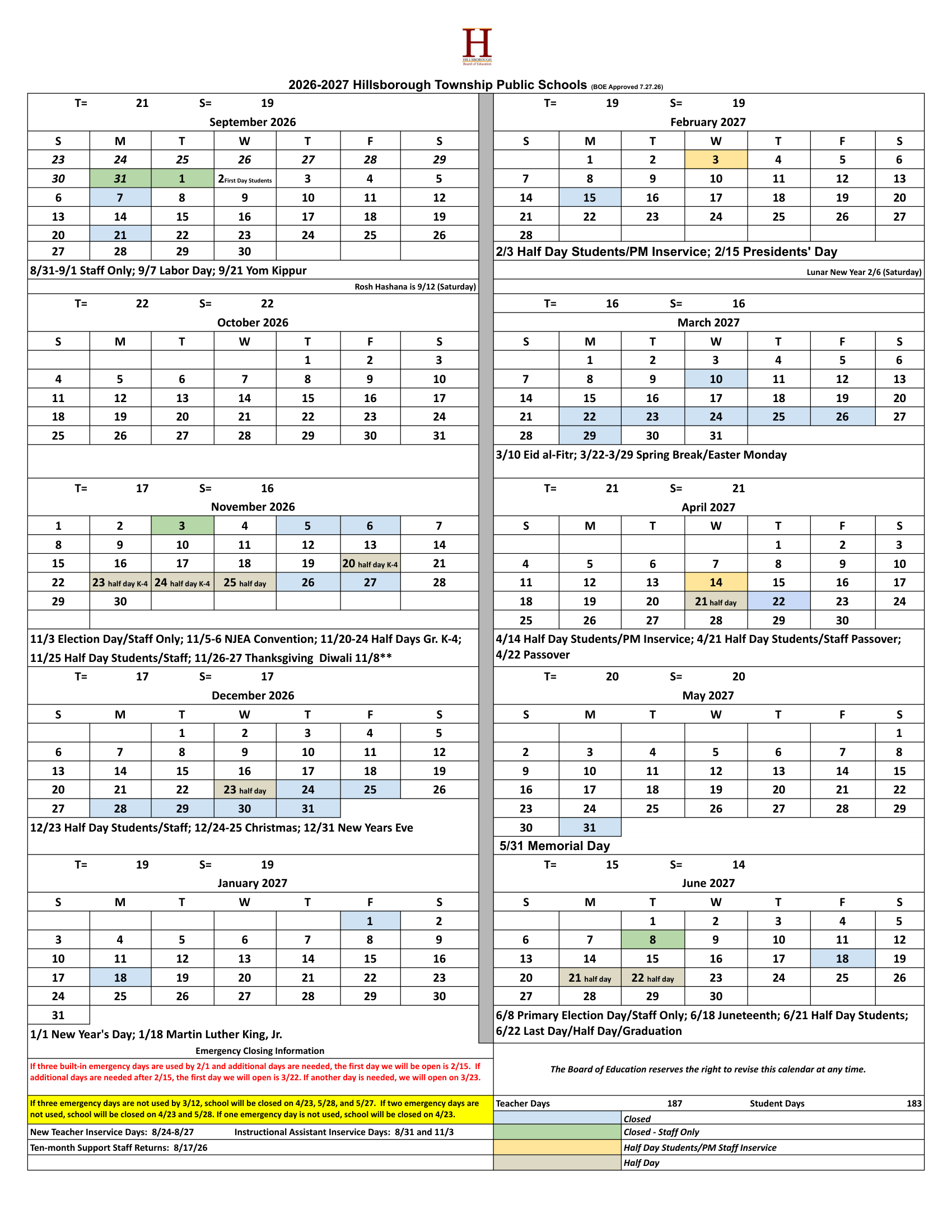 Hillsborough Township Public Schools calendar thumbnail