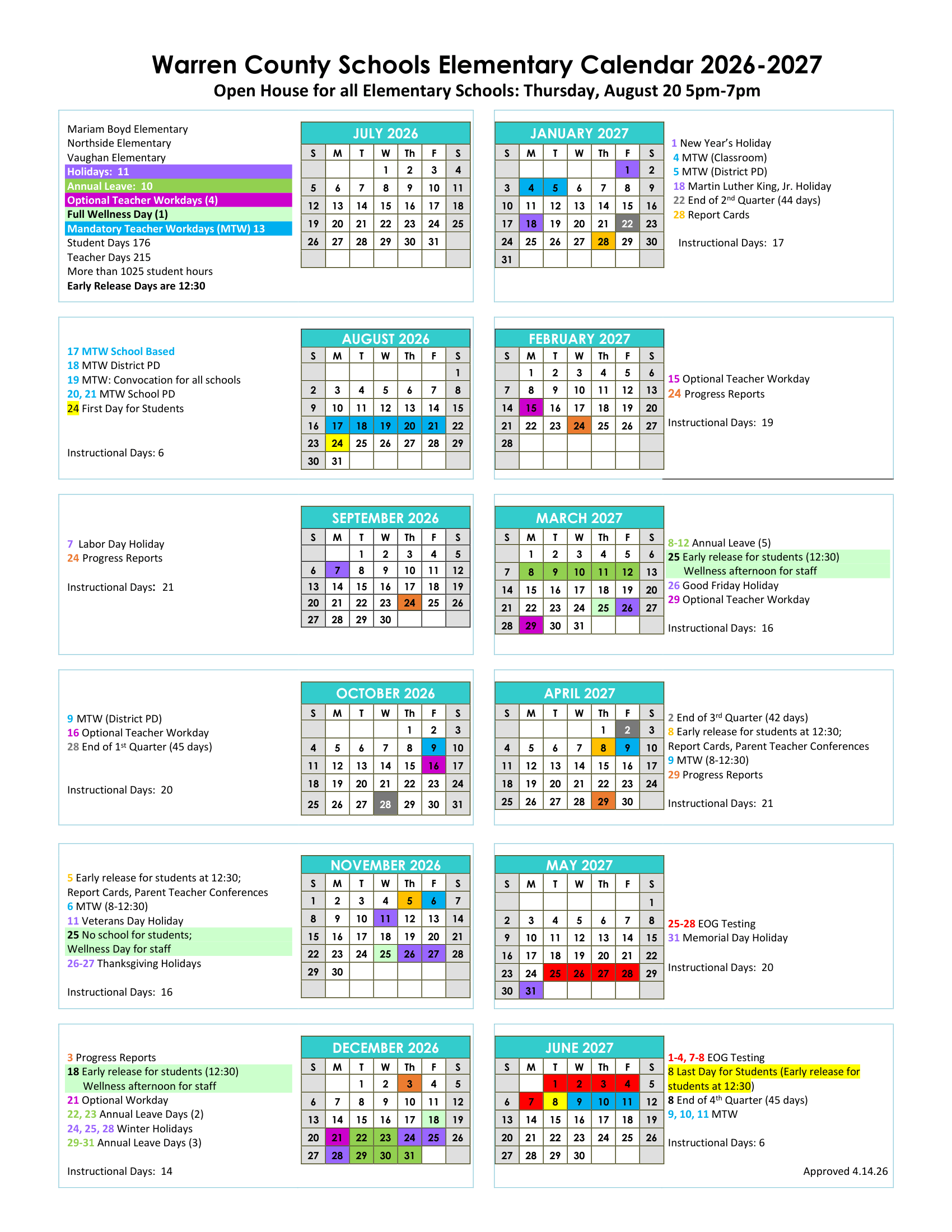Warren County Schools Elementary calendar thumbnail
