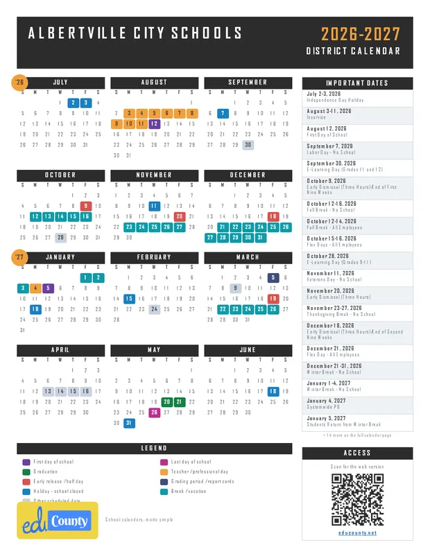Albertville City Schools printable 2026-27 calendar