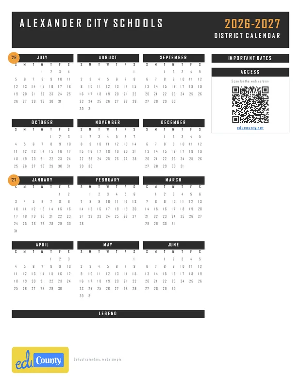 Alexander City Schools printable 2026-27 calendar
